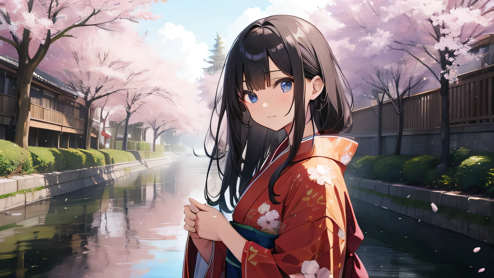 1 boy, Upper body, Expressionless, kimono, long hair, alone, cherry blossoms, looking at the viewer,