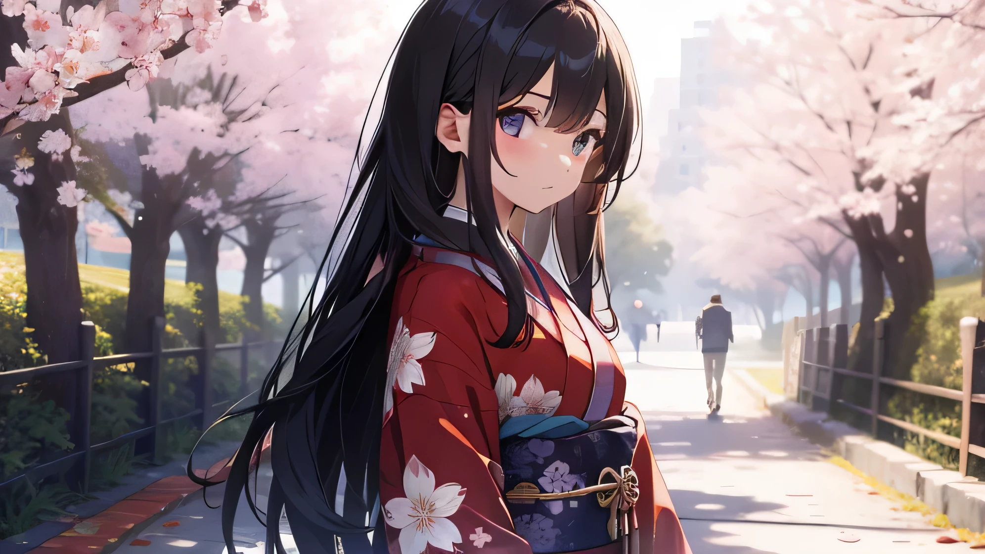 1 boy, Upper body, Expressionless, kimono, long hair, alone, cherry blossoms, looking at the viewer,