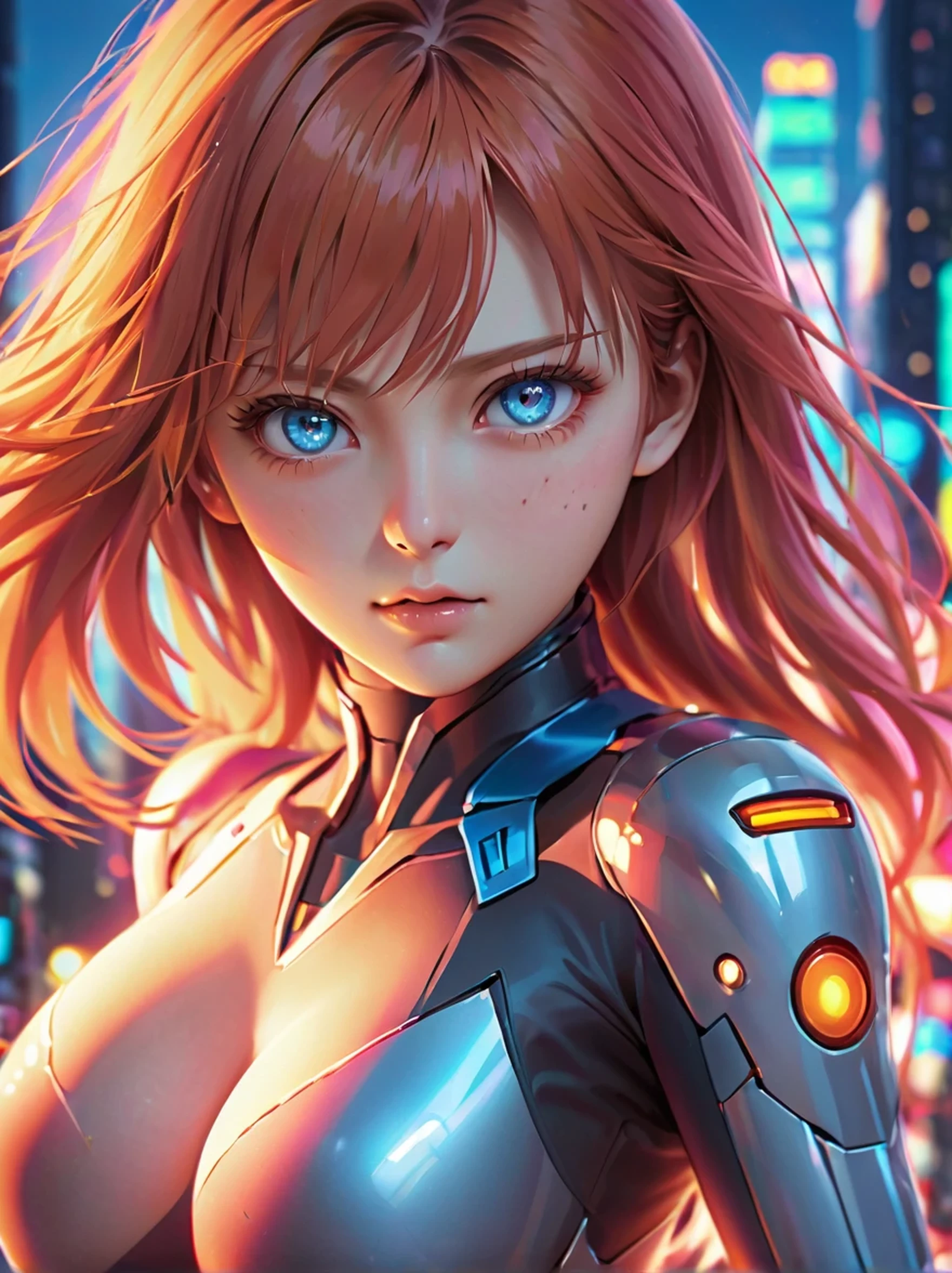 asuka langley, colorful neon lights, sharp focus, (best quality, 4k, highres, photorealistic:1.37), detailed facial features, fiery red hair, intense blue eyes, determined expression, pilot uniform, futuristic cityscape background, vibrant colors, (hyperrealistic), (illustration), (high resolution), (8K), (extremely detailed), (best illustration), (beautiful detailed eyes), (best quality), (ultra-detailed), (masterpiece), (wallpaper), (anatomically correct), (solo), (1 girl), (high detailed realistic hair), (heterochromic eyes), (detailed eyes), (sparkling eyes), (realistic big breasts:1.5), (exposed nipples breasts:1.35), (long legs), (slender abs), (dynamic pose), (closed tiny mouth:1.3), (nsfw), (concentrated expression),