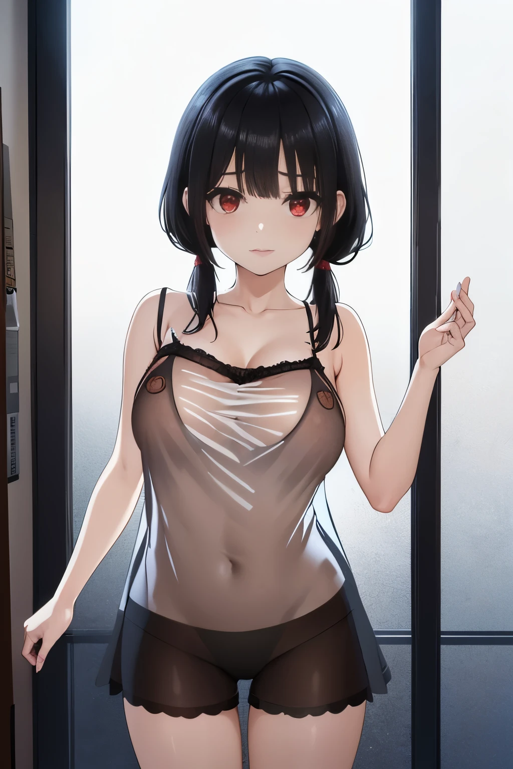 Optimal,masterpiece,High resolution,highest quality,hyper hd,Super detailed,award-winning,16k,alone,(cowboy shot)、cute face,,black hair、long hair、twin tails、 hair line,((scarlet eyes)),long eyelashes,drooping corners of the eyes,Are standing、open your legs、slender legs、white skin,((Shoot from the front)), ((See-through camisole:1.5)), ((transparent nipples))、rocket tits , ((big breasts:1.2)),