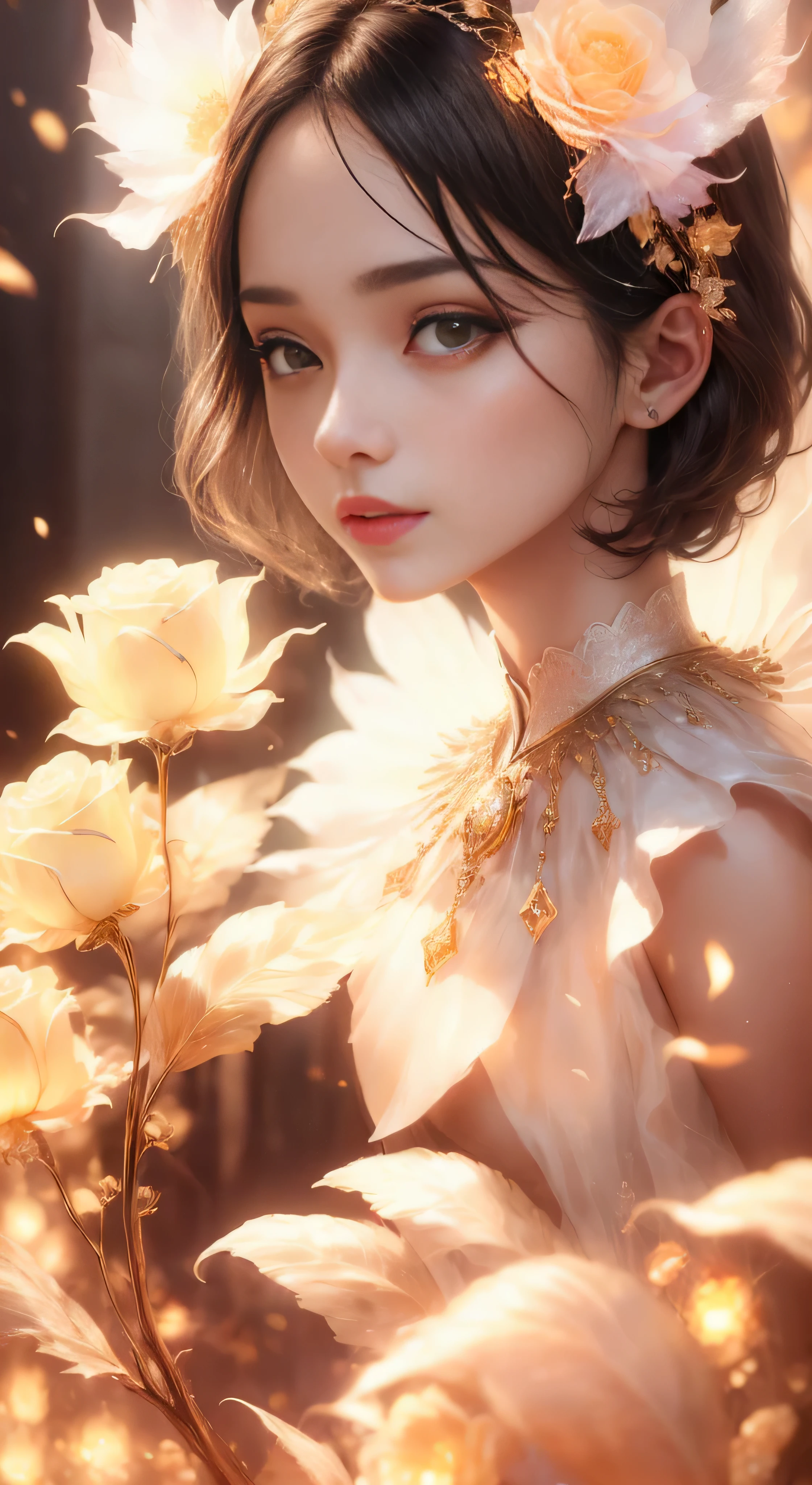 castle in the distance、face is in front、look at the camera、profile、8K、real photos、ultra high resolution, master parts, highest quality, ticker , cinematic images,nice girl、Ann、16 only、Annグロサクソン、double eyelid、droopy eyes、very big eyes、eyes are purple、dark eye shadow、lips are very thin、The tip of your nose grows beautifully...........................................、small nose,,,,, very detailed , silver hair、straight short hair、smile、 sweet expression 、)、very clear shadows , jewelry , fine eyes, Very difficult, shiny skin , パーフェクトブリリAnnト, perfect sentence, dramatic shadow、white tiara on head、gold necklace around neck、White aristocratic dress with gold embroidery、glass high heels、angel wings