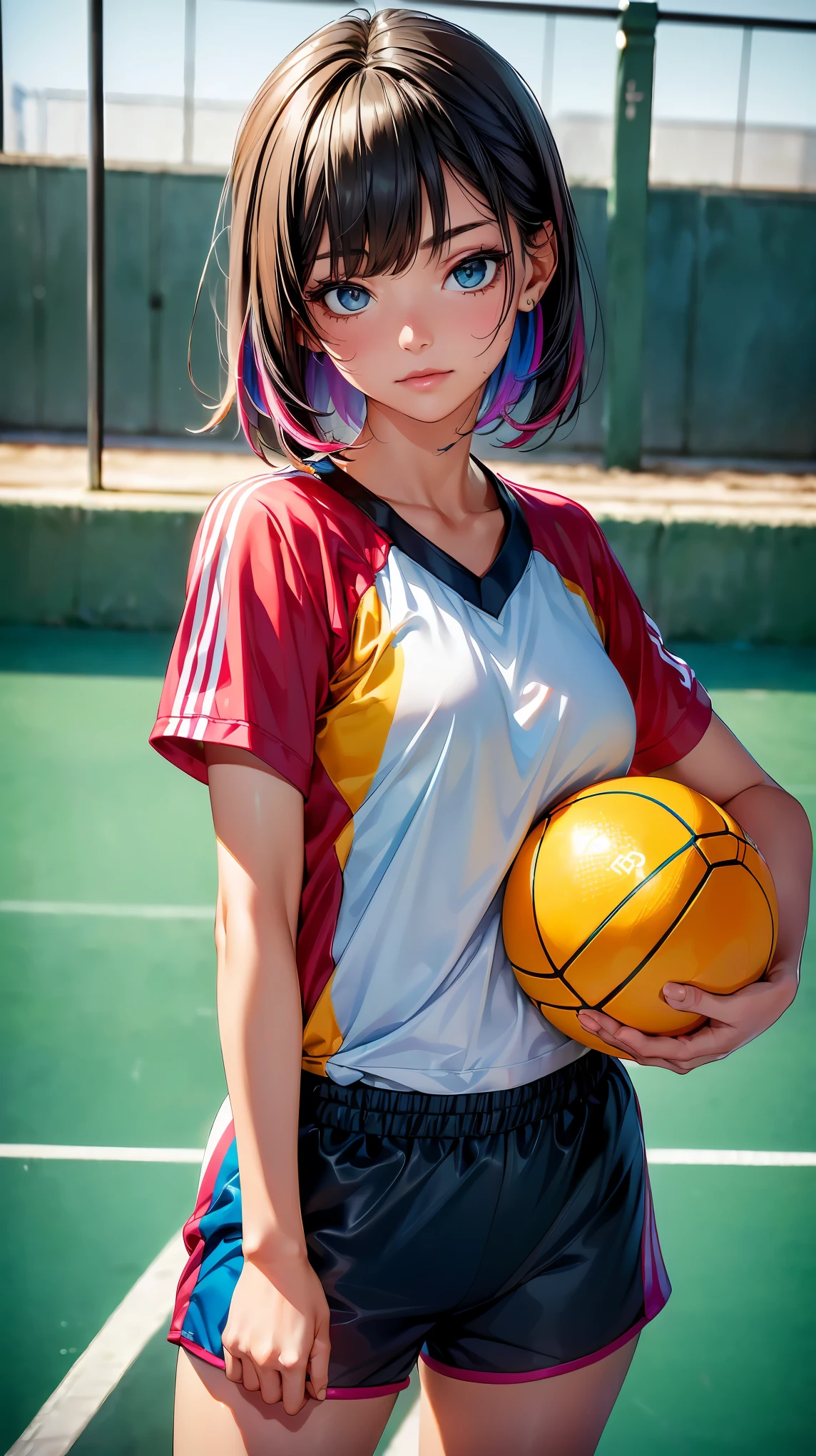 (8K, RAW photo, 最high quality, masterpiece:1.2), High-definition RAW color photo, Professional photo shoot, cinematic light, alone, (((young woman))), (Sharp features), (small face), (high detail skin:1.2), clavicle, cute face, beautiful appearance, long eyelashes, (rainbow colored hair, short hair), big breasts, (slim body shape:1.4), very detailed顔と肌の質感, fine eyes, double eyelid, beautiful girl, (((A woman posing with a ball on a handball court, ハンドボール用公式ボール2number ballボール:1.37, Made of Molten2number ball))), ((Colorful sportswear, shorts)), ハンドボール用公式ボール2number ball, Take a cute pose, view audience, (handball uniform), ((colorful wear)), Sweat, Sweatまみれで, on the indoor handball court, full body portrait, beautiful skin, shiny skin, perfect fingers, five fingers, anatomically correct, background bokeh, high quality, surreal, bright colors, ((very detailed, photo shoot)),