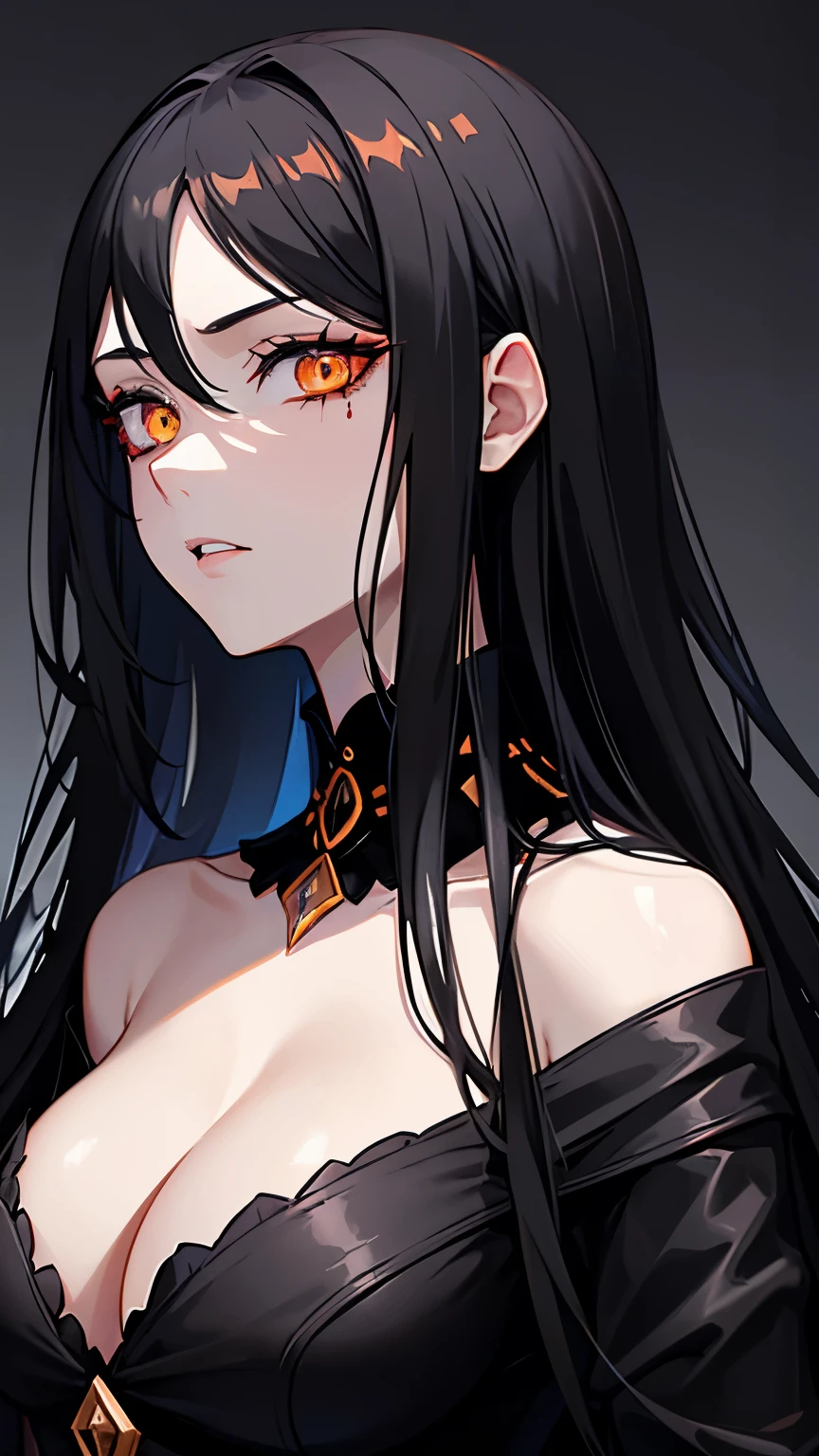 A black spirit, horror, orange eyes, long black hair, scary, beautiful face, masterpiece, black skin, mature, 28 year old woman, black dress, goddess, elegant, evil