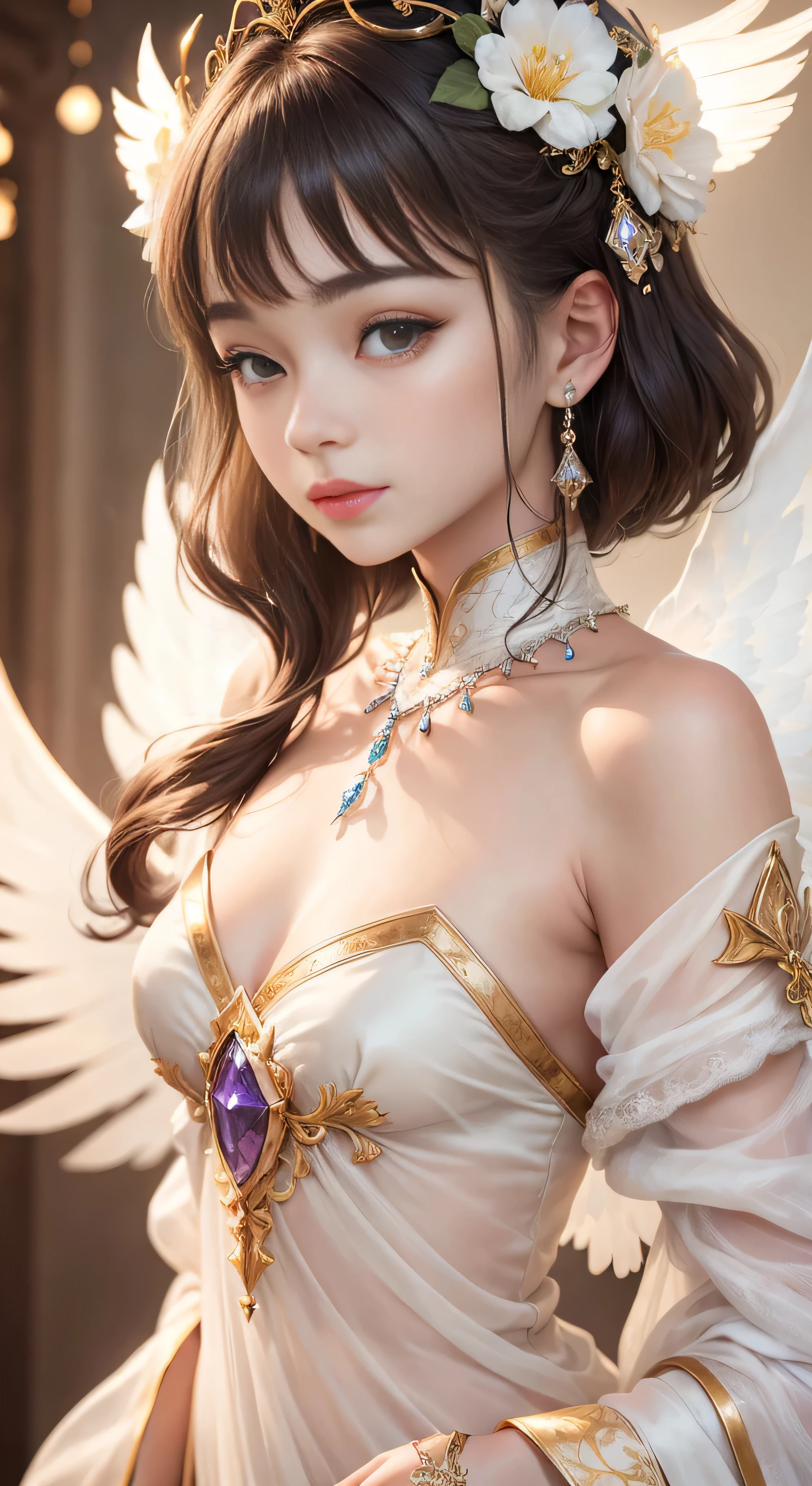 castle in the distance、face is in front、look at the camera、profile、8K、real photos、ultra high resolution, master parts, highest quality, ticker , cinematic images,nice girl、Ann、16 only、Annグロサクソン、double eyelid、droopy eyes、very big eyes、eyes are purple、dark eye shadow、lips are very thin、The tip of your nose grows beautifully...........................................、small nose,,,,, very detailed , silver hair、straight short hair、smile、 sweet expression 、)、very clear shadows , jewelry , fine eyes, Very difficult, shiny skin , パーフェクトブリリAnnト, perfect sentence, dramatic shadow、white tiara on head、Gold necklace around the neck、White aristocratic dress with gold embroidery、glass high heels、angel wings