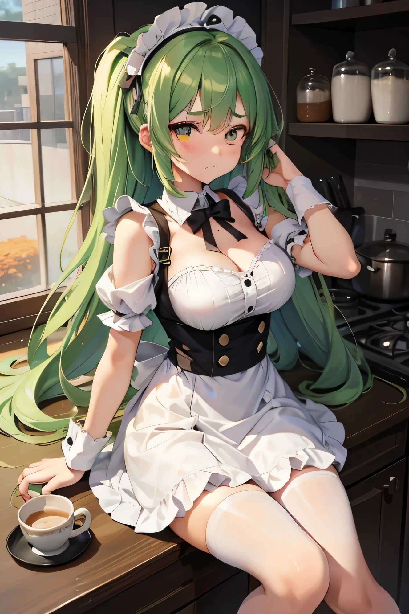 1 girl, maid,fluffy kinky hair, long hair,short tufts of hair,golden eyes,, expensive,glamorous,maid clothes, baby face, ,Cafe,Beautiful woman,big breasts, Ahoge, green hair, maid clothes, Cafe, kitchen,drop down,Clumsy girl,white rhinestone socks,troubled face,feminine,drop down and pat yourself on the head,Teary face,thin eyebrows,fall on one's back,fluffy, Habitual hair