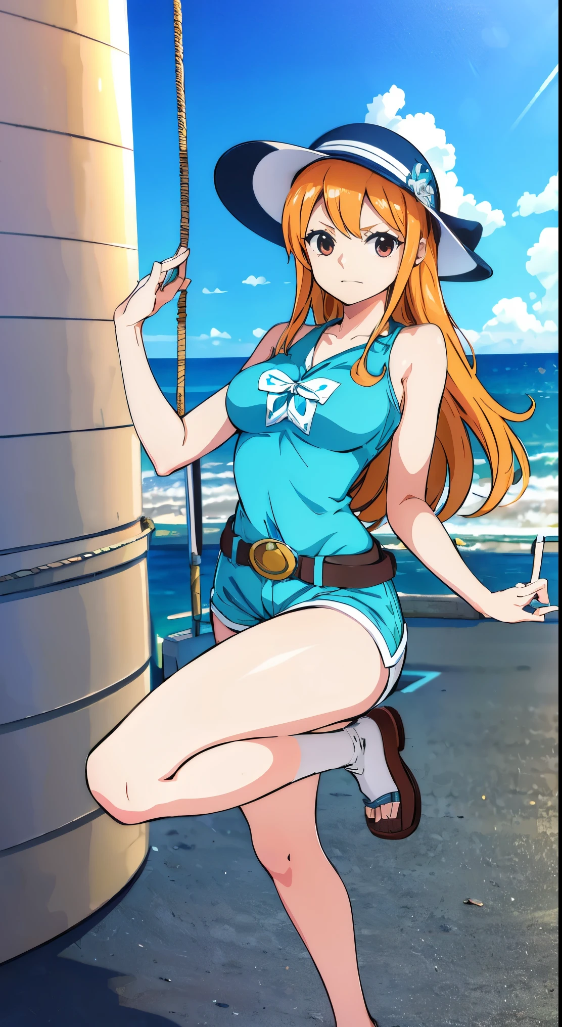 Nami is a character from the anime One Piece, and she is part of the hay hat cast. According to the description I requested, I will try to provide a detailed description of Nami stretching on the ship with three-dimensional technology. (3D):

Nami is a pretty and young ager, Cerca de 18 anos. Ela tem longos cabelos castanhos, grande, Olhos laranja bonitos, white skin and cute facial features..

Nami has a slim and athletic body, where your height is medium height. Has a symmetrical and well-defined body, but maintains a smooth feminine figure.

Enquanto ela se estica no navio, Nami will appear in her traditional clothes. You are wearing a light blue shirt that reaches your knees, e shorts na mesma cor. She also wears a yellow belt around her waist and brown shoes..

Nami is shown stretching her legs and placing her hands behind her head or on a small pillow... Parece calma e relaxada enquanto aprecia o ar fresco e a vista para o mar.

The ship and the seabed can be visualized with three-dimensional graphics, where the details of the waves and clear blue sky can be seen.

I hope you liked the description provided and it can help you imagine Nami stretching on the ship realistically in 3D.