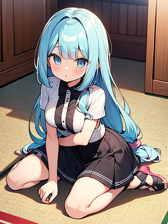 ((highest quality)), ((masterpiece)), (be familiar with), perfect face, one girl、15 years old、big breasts、small face、long hair、silky hair、Braid in one place、Pastel blue colored hair、Clothes with protruding shoulders、white colored clothes、Sheer clothes、short sleeve、Clothes without sleeves、ギンガムチェックのmini skirt、mini skirt、Full body figure、つま先から頭のてっぺんまでのFull body figure、足先から頭までのFull body figure、crawl on all fours、No underwear、Zori sandals、