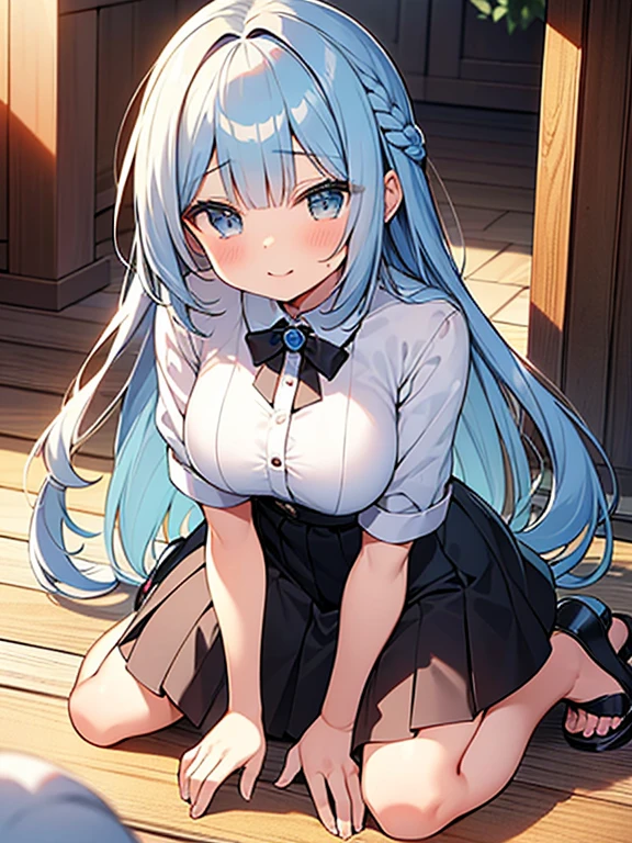 ((highest quality)), ((masterpiece)), (be familiar with), perfect face, one girl、15 years old、big breasts、small face、long hair、silky hair、Braid in one place、Pastel blue colored hair、Clothes with protruding shoulders、white colored clothes、Sheer clothes、short sleeve、Clothes without sleeves、ギンガムチェックのmini skirt、mini skirt、Full body figure、つま先から頭のてっぺんまでのFull body figure、足先から頭までのFull body figure、crawl on all fours、No underwear、Zori sandals、