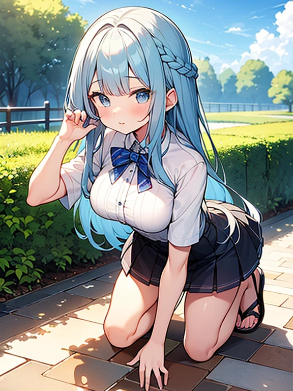 ((highest quality)), ((masterpiece)), (be familiar with), perfect face, one girl、、big breasts、long hair、silky hair、Braid in one place、Pastel blue colored hair、Clothes with protruding shoulders、white colored clothes、Sheer clothes、short sleeve、Clothes without sleeves、ギンガムチェックのmini skirt、mini skirt、Full body figure、つま先から頭のてっぺんまでのFull body figure、足先から頭までのFull body figure、crawl on all fours、No underwear、Zori sandals、