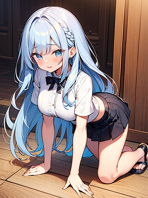 ((highest quality)), ((masterpiece)), (be familiar with), perfect face, one girl、15 years old、big breasts、small face、long hair、silky hair、Braid in one place、Pastel blue colored hair、Clothes with protruding shoulders、white colored clothes、Sheer clothes、short sleeve、Clothes without sleeves、ギンガムチェックのmini skirt、mini skirt、Full body figure、つま先から頭のてっぺんまでのFull body figure、足先から頭までのFull body figure、crawl on all fours、No underwear、Zori sandals、