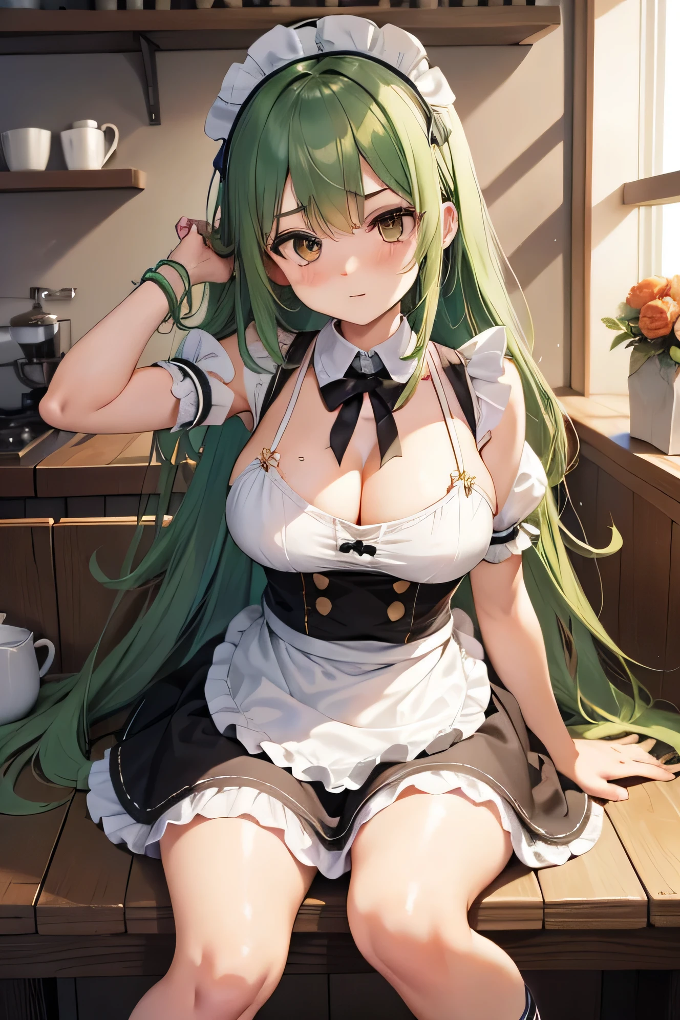 1 girl, maid,fluffy kinky hair, long hair,short tufts of hair,golden eyes,, expensive,glamorous,maid clothes, , ,Cafe,Beautiful woman,big breasts, Ahoge, green hair, maid clothes, Cafe, kitchen,drop down,Clumsy girl,white rhinestone socks,troubled face,feminine,drop down and pat yourself on the head,Teary face,thin eyebrows,fall on one's back,fluffy, Habitual hair