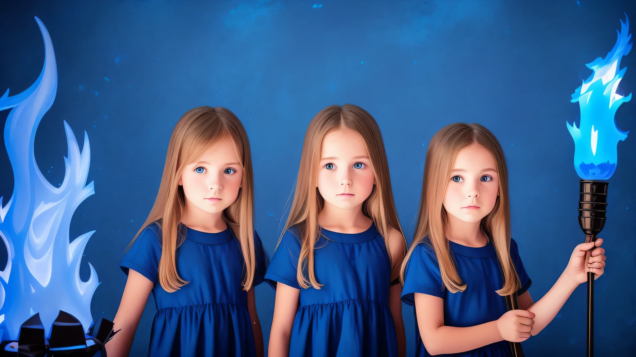 Three girls holding torches in front of a blue background, 3 sisters look into the mirror, color studio portrait, meninas jovens, in a row, simetria!! retrato, childrens, profissionalmente retocado, beautiful highly symmetric faces, childrens, Directed by: Jan Rustem, pintado digitalmente, identical picture, symmetrical centered portrait, twins, photo illustration, Clones