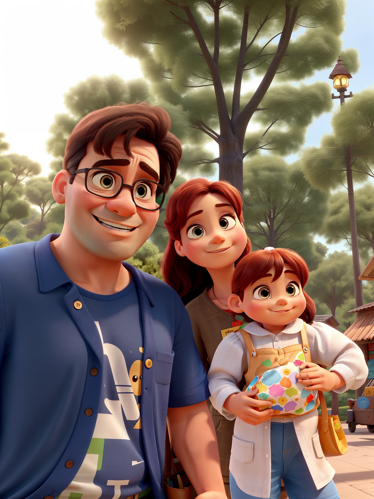 Father bring The paper bag says BERASKITA STORE , Mother baby girl small hair, Disney pixar