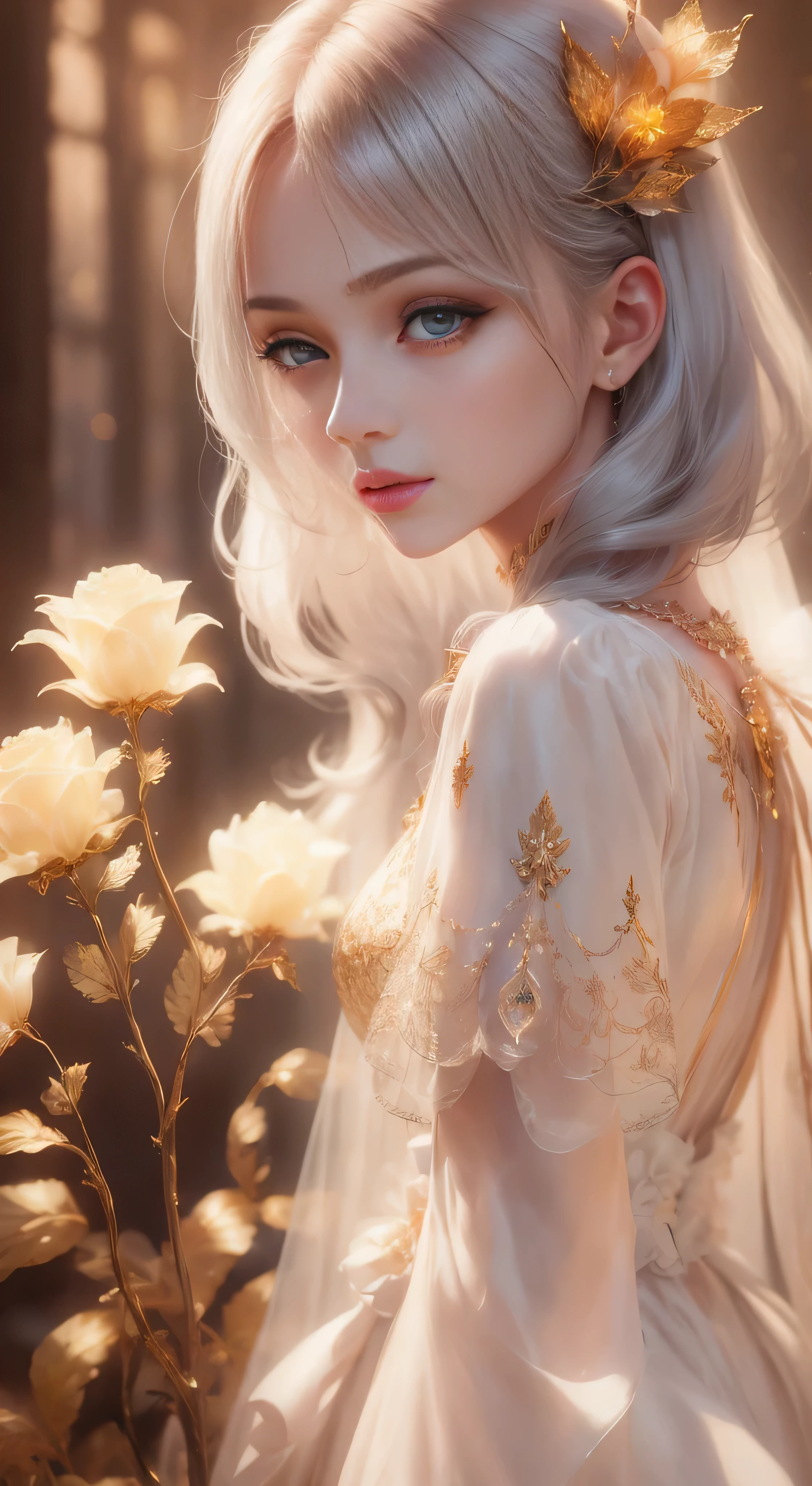 castle in the distance、face is in front、look at the camera、profile、8K、real photos、ultra high resolution, master parts, highest quality, ticker , cinematic images,nice girl、Ann、16 only、Annグロサクソン、double eyelid、droopy eyes、very big eyes、eyes are purple、dark eye shadow、lips are very thin、The tip of your nose grows beautifully...........................................、small nose,,,,, very detailed , silver hair、straight short hair、smile、 sweet expression 、)、very clear shadows , jewelry , fine eyes, Very difficult, shiny skin , パーフェクトブリリAnnト, perfect sentence, dramatic shadow、white tiara on head、gold necklace around neck、White aristocratic dress with gold embroidery、glass high heels、angel wings