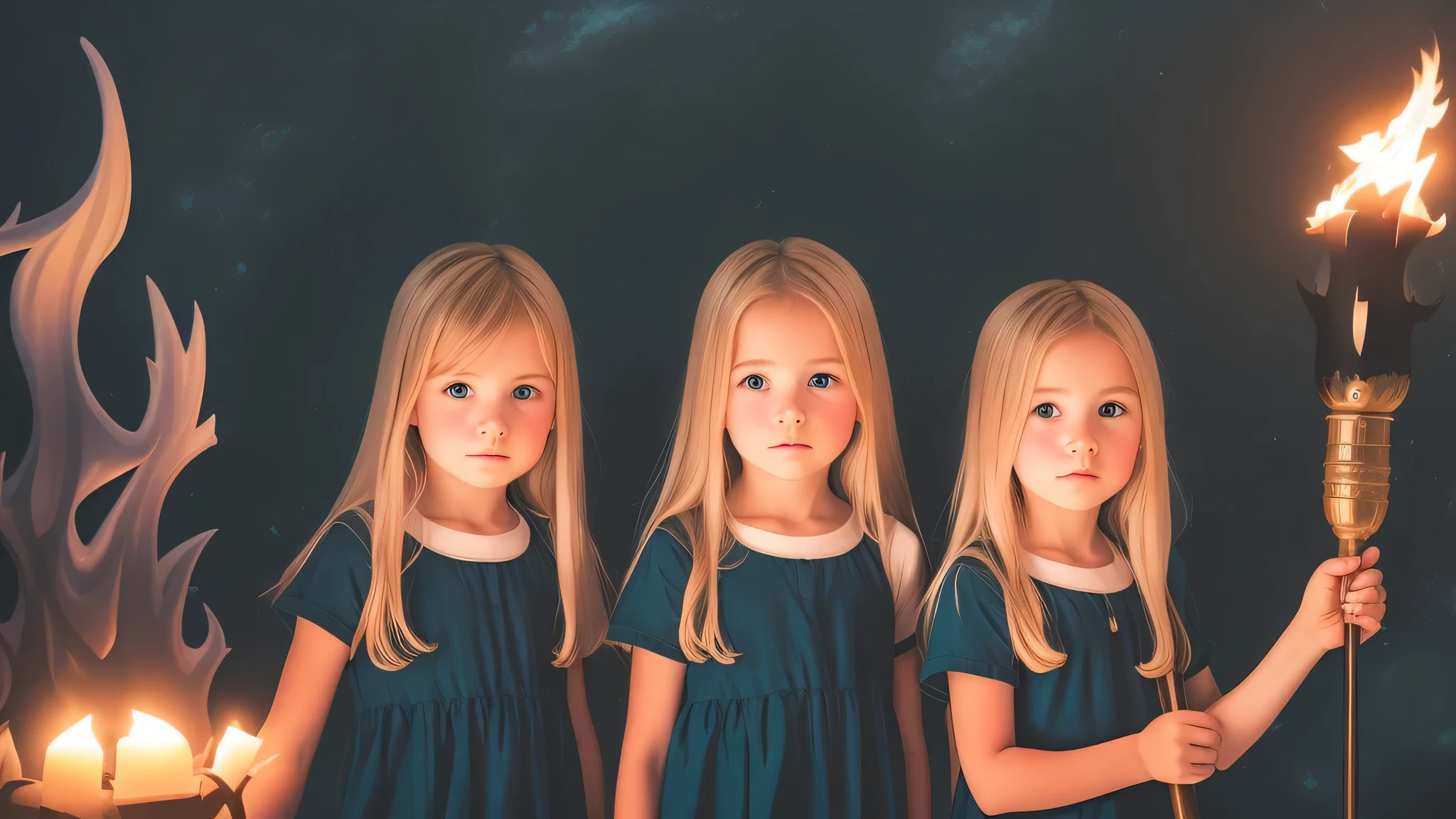 Three girls holding torches in front of a blue background, 3 sisters look into the mirror, color studio portrait, meninas jovens, in a row, simetria!! retrato, childrens, profissionalmente retocado, beautiful highly symmetric faces, childrens, Directed by: Jan Rustem, pintado digitalmente, identical picture, symmetrical centered portrait, twins, photo illustration, Clones
