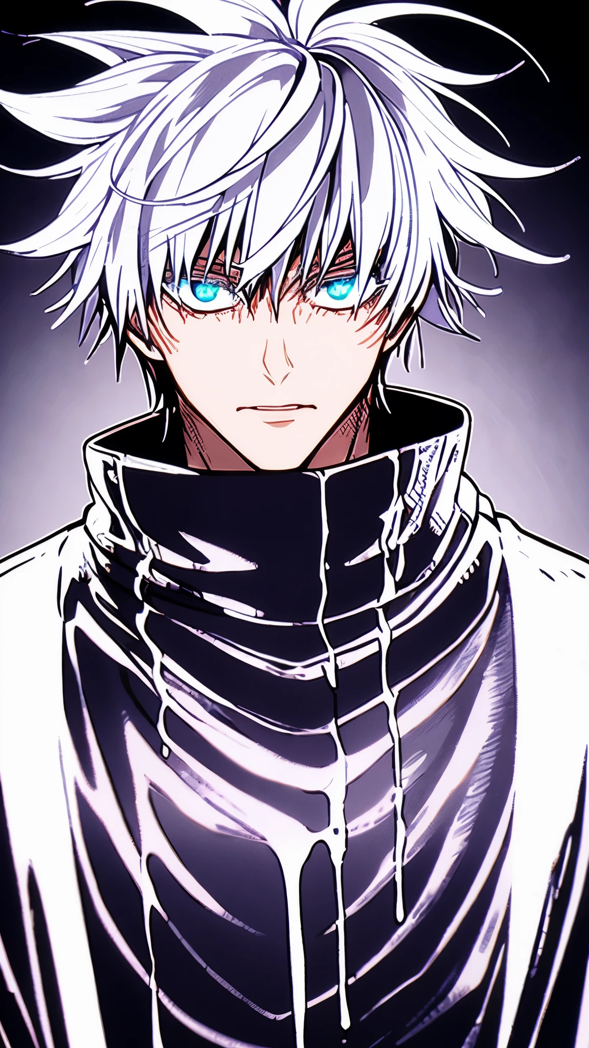 Man with glowing blue eyes, white hair, satoru gojo, vibrant