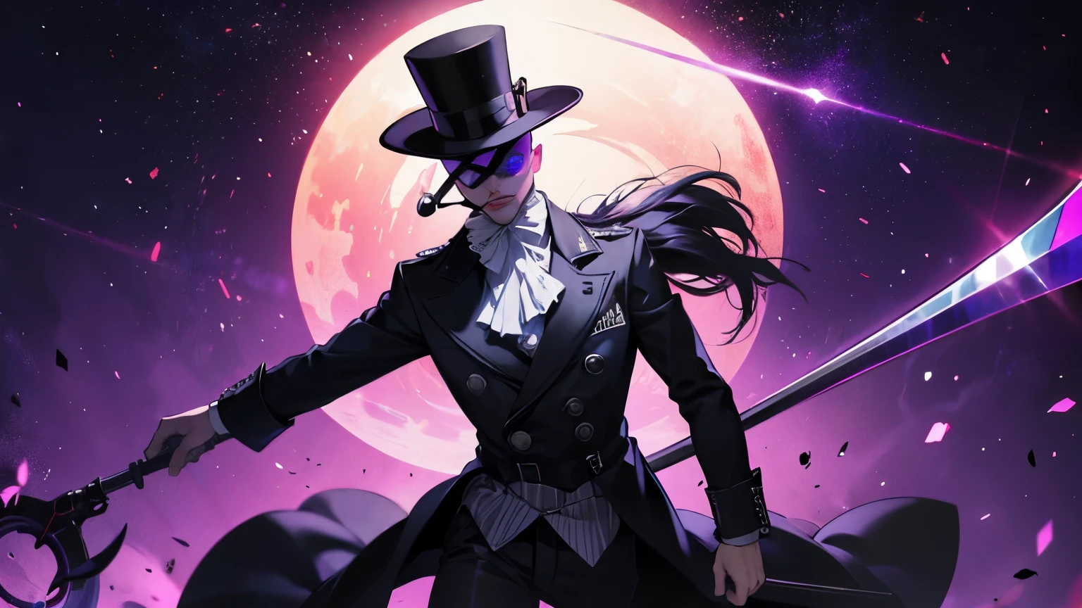cyber punk,musicians,top hat long brim hat,wide angle lens,expressive,look up,Laser hologram,Clown mask,huge scythe,Skinhead Man,Lots of shadows