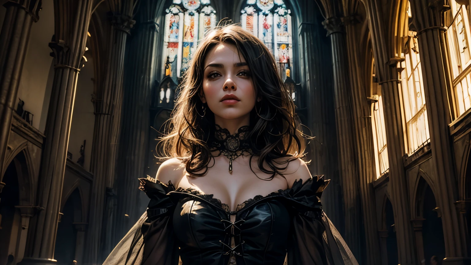 Uma Mulher linda de 20 anos, cabelo curto, vestido preto, gothic architecture, dramatic pose, rosto detalhado, olhos bonitos, centralizado, Rule of Thirds, olhos brilhantes, modelo de lado, fotografia de lado, obra de arte, extremamente detalhado, Dramatic light, fundo complexo, realista, fotorrelismo, papel de parede, 32k,