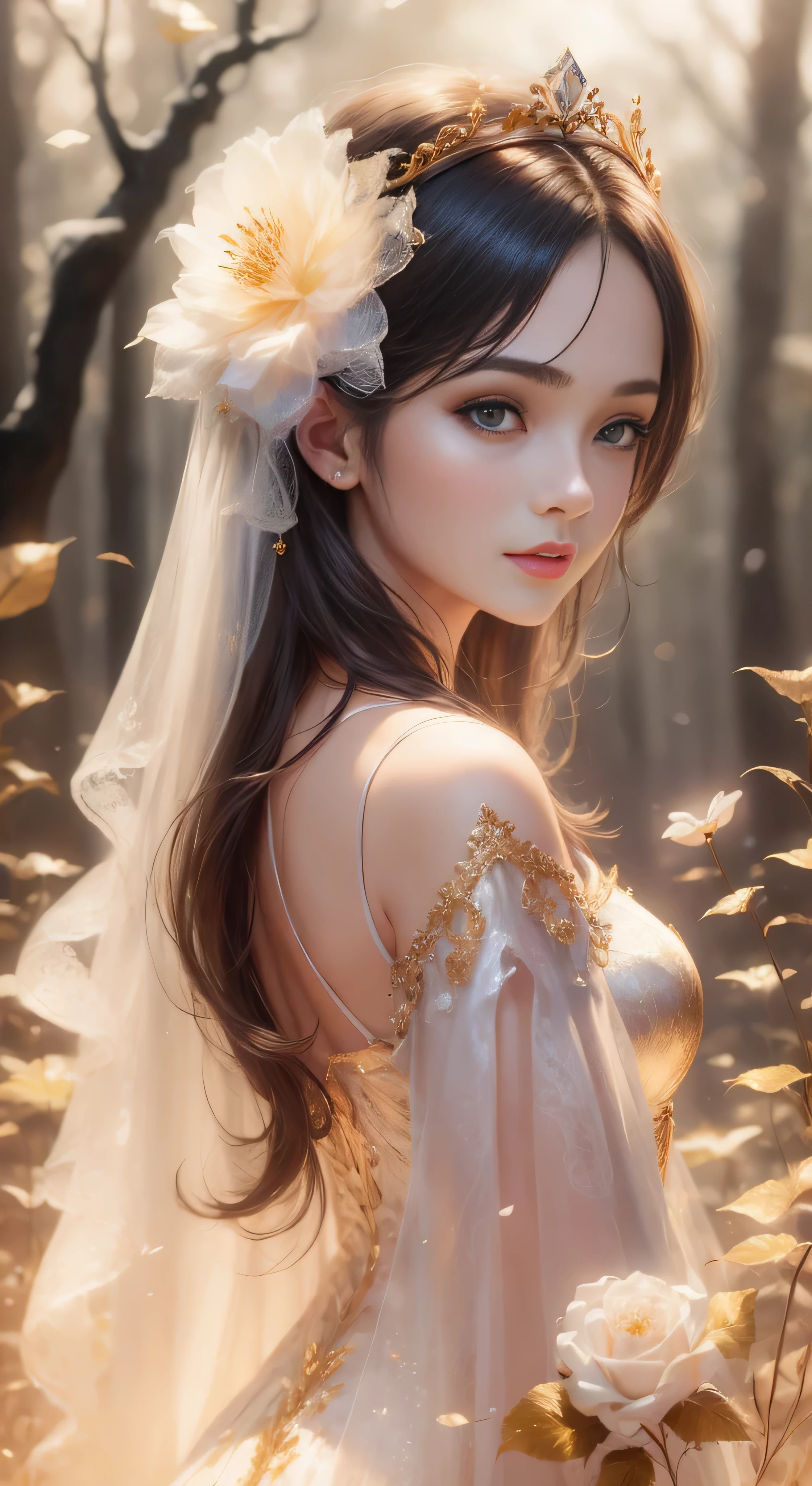 castle in the distance、face is in front、look at the camera、profile、8K、real photos、ultra high resolution, master parts, highest quality, ticker , cinematic images,nice girl、Ann、16 only、Annグロサクソン、double eyelid、droopy eyes、very big eyes、eyes are purple、dark eye shadow、lips are very thin、The tip of your nose grows beautifully...........................................、small nose,,,,, very detailed , silver hair、straight short hair、smile、 sweet expression 、)、very clear shadows , jewelry , fine eyes, Very difficult, shiny skin , パーフェクトブリリAnnト, perfect sentence, dramatic shadow、white tiara on head、gold necklace around neck、White aristocratic dress with gold embroidery、glass high heels、angel wings