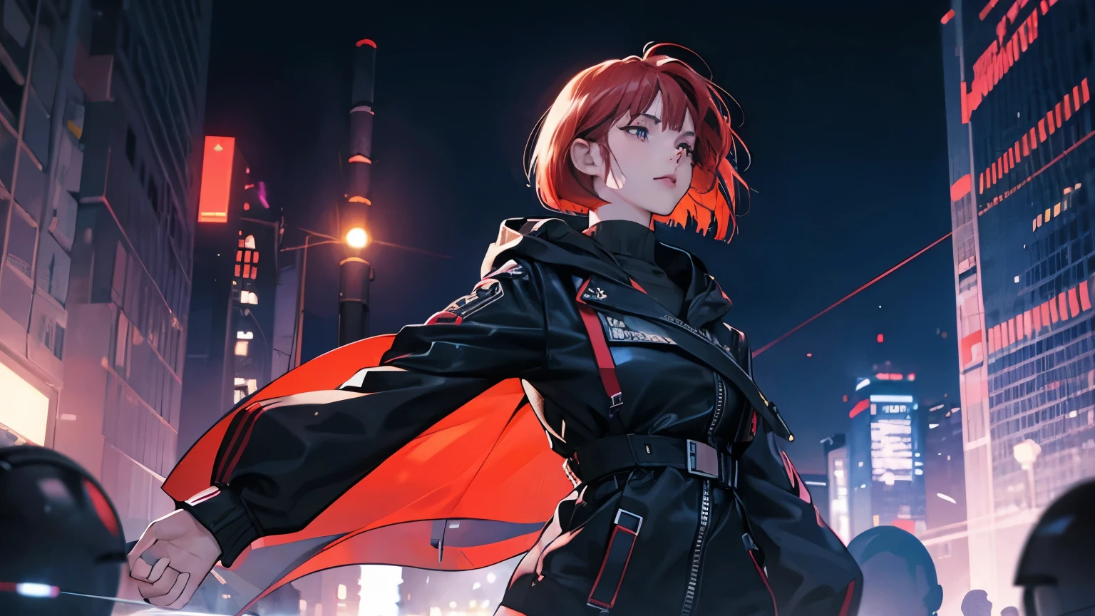 cyber punk,musicians,red hair bob cut woman,big droopy eyes,wide angle lens,expressive,look up,Laser hologram,Jacket with hood,whole body,black spats