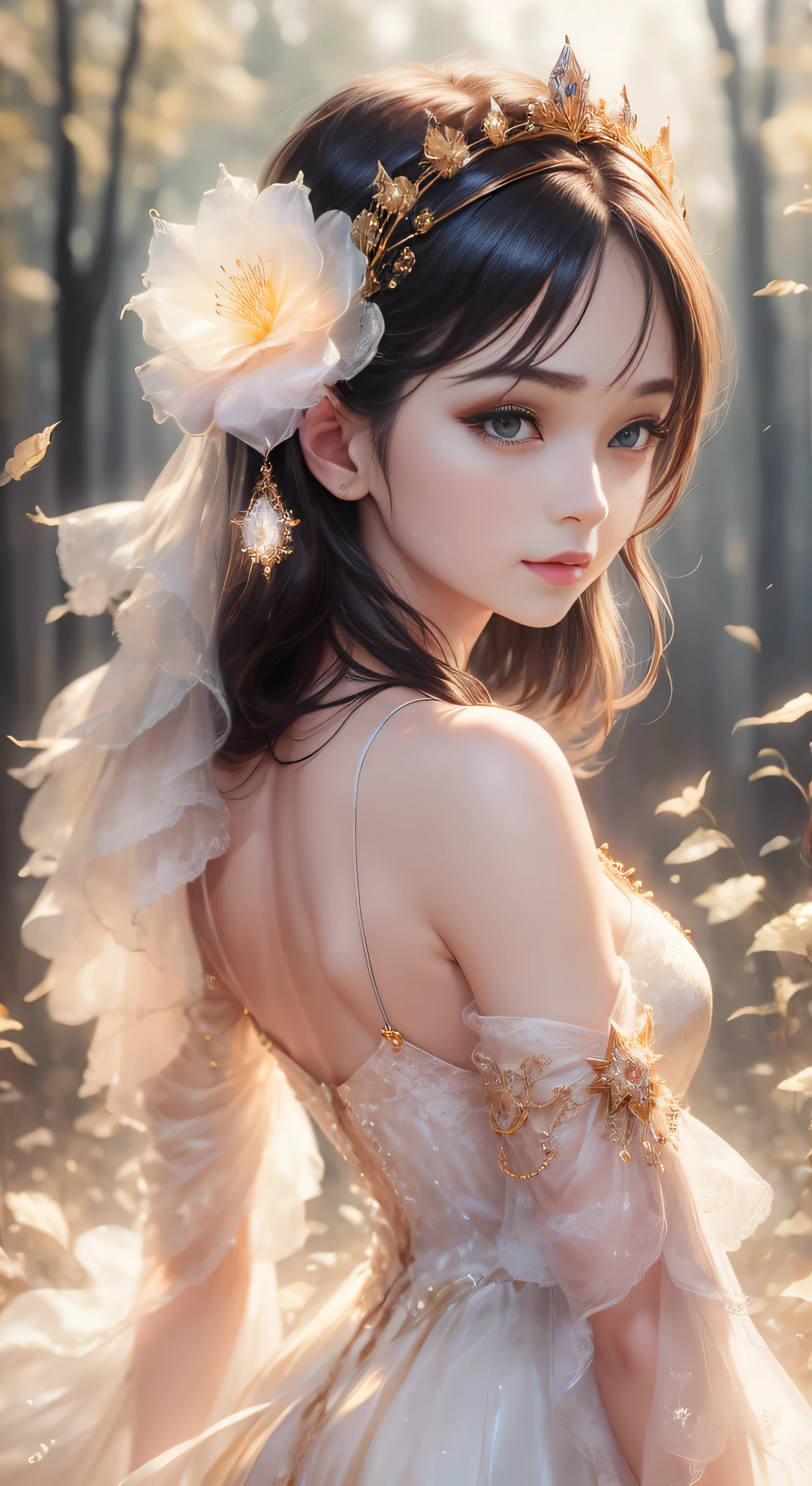 castle in the distance、face is in front、look at the camera、profile、8K、real photos、ultra high resolution, master parts, highest quality, ticker , cinematic images,nice girl、Ann、16 only、Annグロサクソン、double eyelid、droopy eyes、very big eyes、eyes are purple、dark eye shadow、lips are very thin、The tip of your nose grows beautifully...........................................、small nose,,,,, very detailed , silver hair、straight short hair、smile、 sweet expression 、)、very clear shadows , jewelry , fine eyes, Very difficult, shiny skin , パーフェクトブリリAnnト, perfect sentence, dramatic shadow、white tiara on head、gold necklace around neck、White aristocratic dress with gold embroidery、glass high heels、angel wings