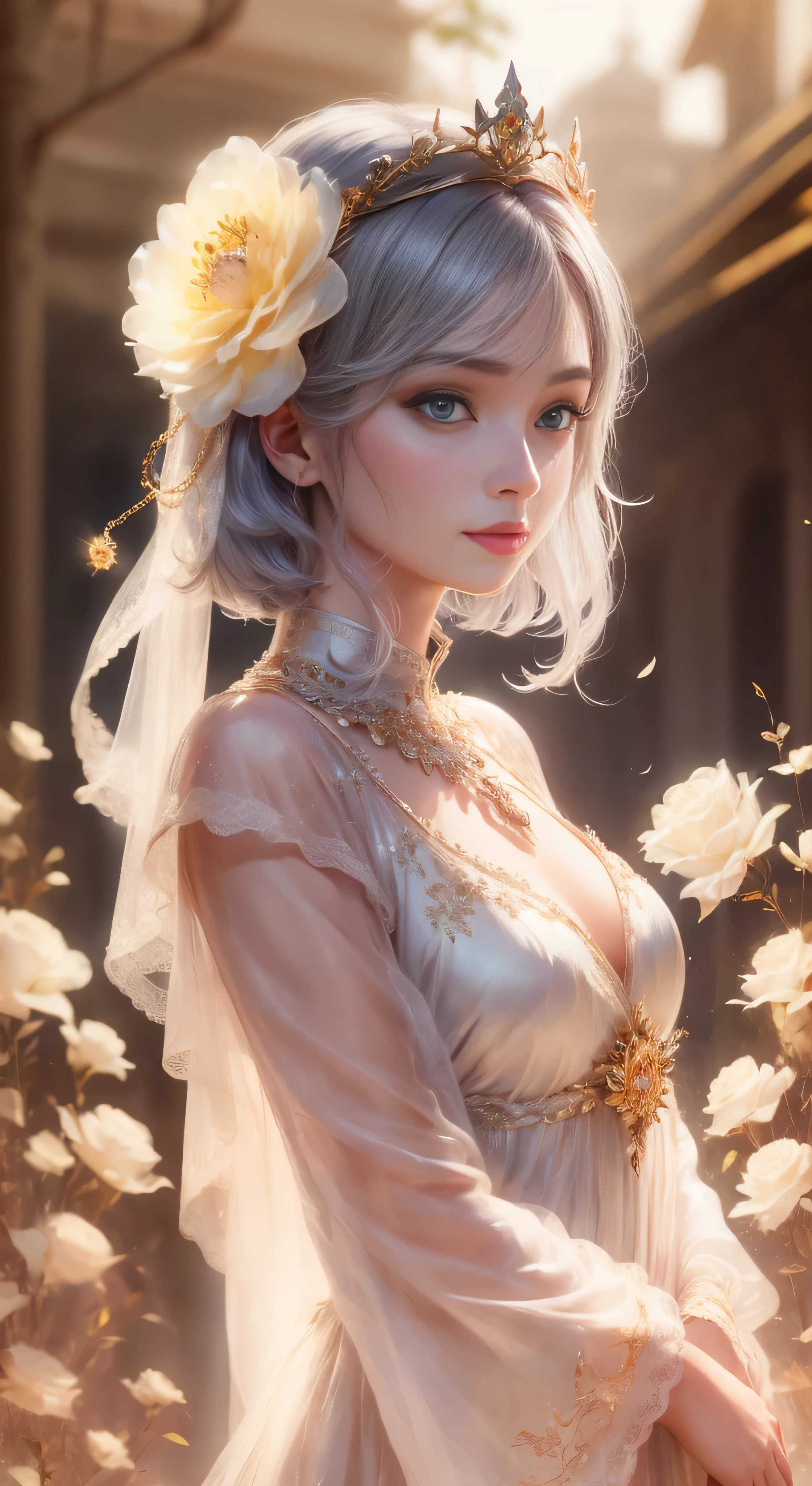 castle in the distance、face is in front、look at the camera、profile、8K、real photos、ultra high resolution, master parts, highest quality, ticker , cinematic images,nice girl、Ann、16 only、Annグロサクソン、double eyelid、droopy eyes、very big eyes、eyes are purple、dark eye shadow、lips are very thin、The tip of your nose grows beautifully...........................................、small nose,,,,, very detailed , silver hair、straight short hair、smile、 sweet expression 、)、very clear shadows , jewelry , fine eyes, Very difficult, shiny skin , パーフェクトブリリAnnト, perfect sentence, dramatic shadow、white tiara on head、gold necklace around neck、White aristocratic dress with gold embroidery、glass high heels、angel wings