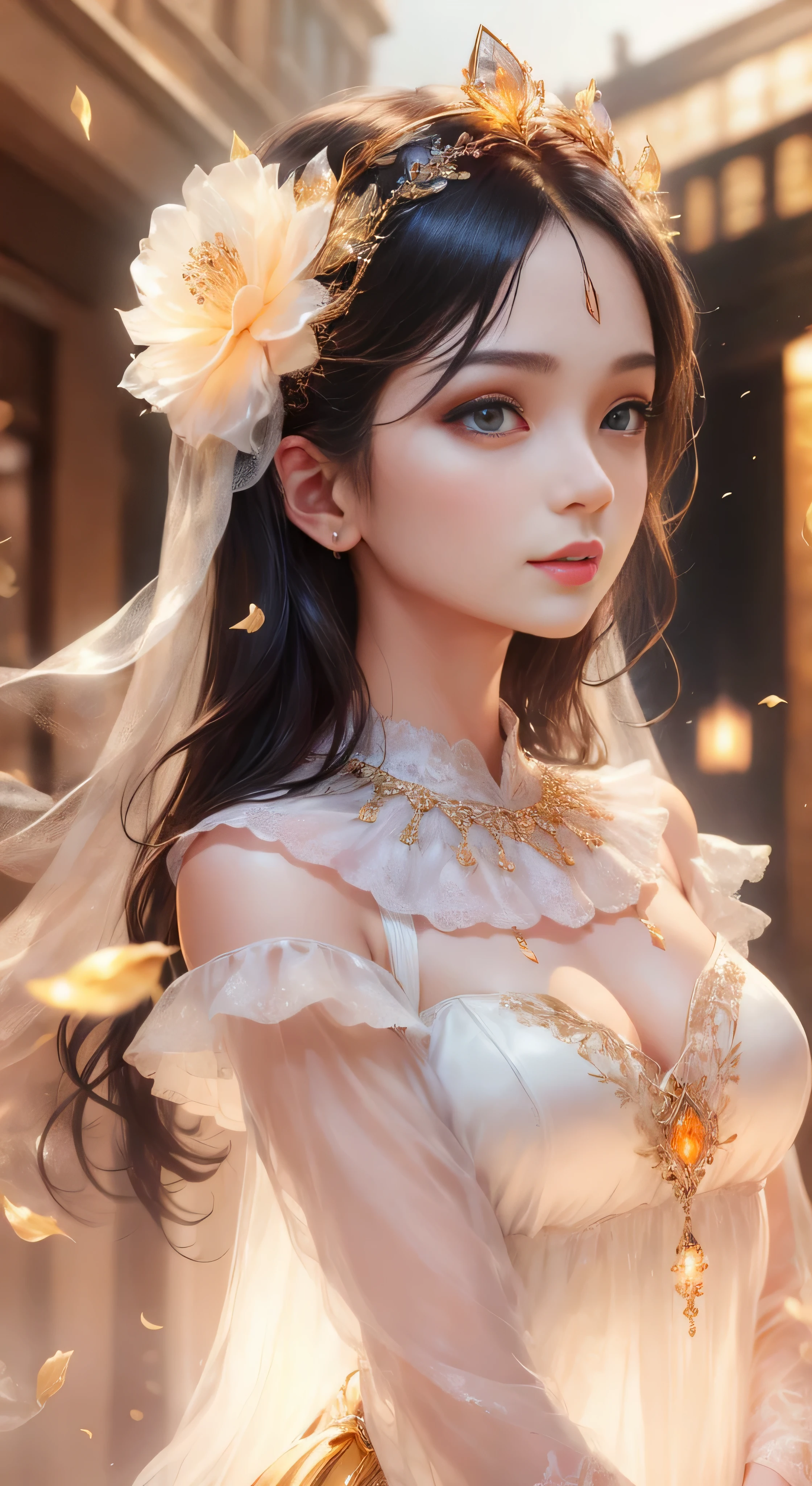 castle in the distance、face is in front、look at the camera、profile、8K、real photos、ultra high resolution, master parts, highest quality, ticker , cinematic images,nice girl、Ann、16 only、Annグロサクソン、double eyelid、droopy eyes、very big eyes、eyes are purple、dark eye shadow、lips are very thin、The tip of your nose grows beautifully...........................................、small nose,,,,, very detailed , silver hair、straight short hair、smile、 sweet expression 、）、very clear shadows , jewelry , fine eyes, Very difficult, shiny skin , パーフェクトブリリAnnト, perfect sentence, dramatic shadow、white tiara on head、gold necklace around neck、White aristocratic dress with gold embroidery、glass high heels、angel wings