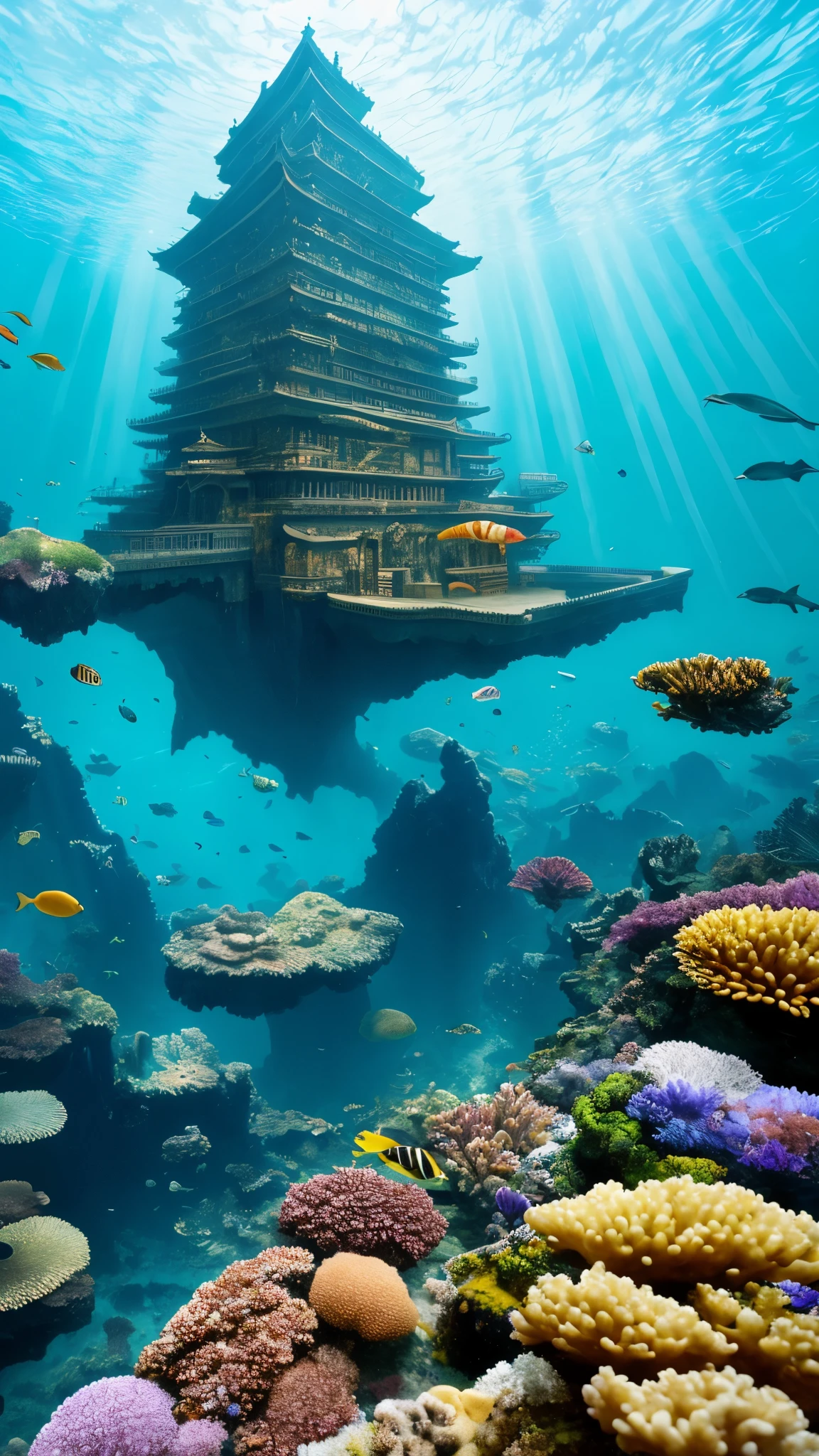 In this awe-inspiring artwork, created by the talented artist, Raphael Lacoste, we are transported into the heart of the devil's sea of Japan, where a group of courageous marine researchers have successfully breached the anomaly and discovered a world beyond their wildest imaginations. The scene is nothing short of mesmerizing as we witness the researchers' expressions of sheer fascination and amazement at the remarkable sights before them.

The painting captures the essence of this newfound underwater realm, showcasing ancient majestic buildings that stand tall and proud, adorned with intricate details and a sense of otherworldly grandeur. The structures seem to blend seamlessly with the vibrant marine life that gracefully swims around them, creating a harmonious coexistence between man-made wonders and the wonders of nature