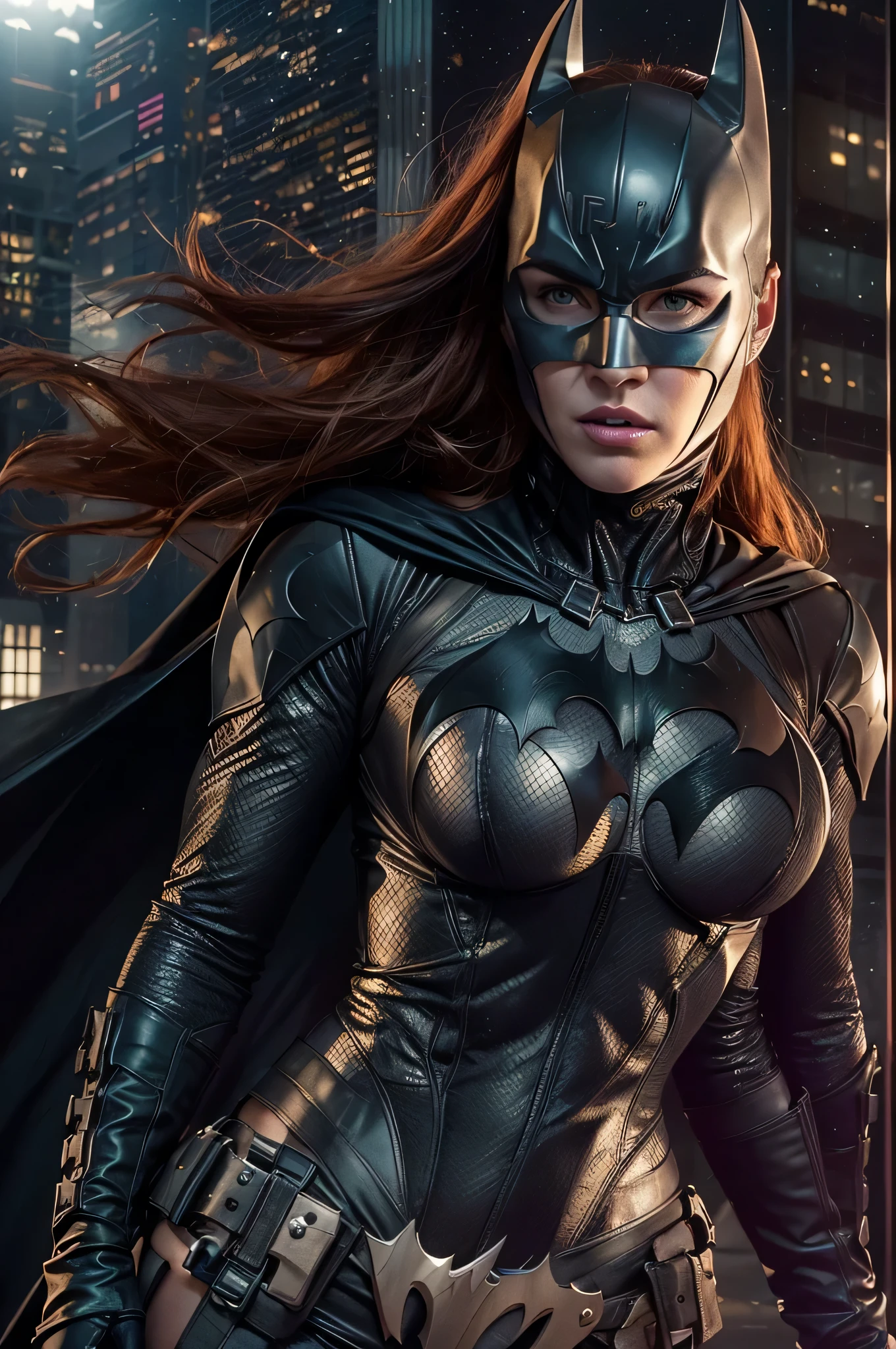 ((jennifer connelly(batgirl and batarang))), Cyberpunk batgirl wearing a cape((bikini))Wear armor, (dynamic pose), redhead, athletic build, Tight costumes, so beautiful, ((sexy, Small natural breasts, cleavage, Nippin, camel toe)), (highly detailed skin: 1.2), serious face, beautiful face, highly detailed skin, skin pores, (highly detailed face:1.1), (highly detailed eyes:1.1), realistic pupils, blush all over the face, lip whole, (perfect anatomy:1.1), (perfect proportions:1.1), (photograph:1.1), (photorealistic:1.1), volume lighting, dynamic lighting, True Shadow, (High resolution:1.1), オッパイsharpフォーカス, (realistic, hyperrealistic:1.4), Complex, high detail, dramatic, scattered below the surface, wonderful, Grind, sharp, 35mm, 8K, (((Night photograph, gotham city background)