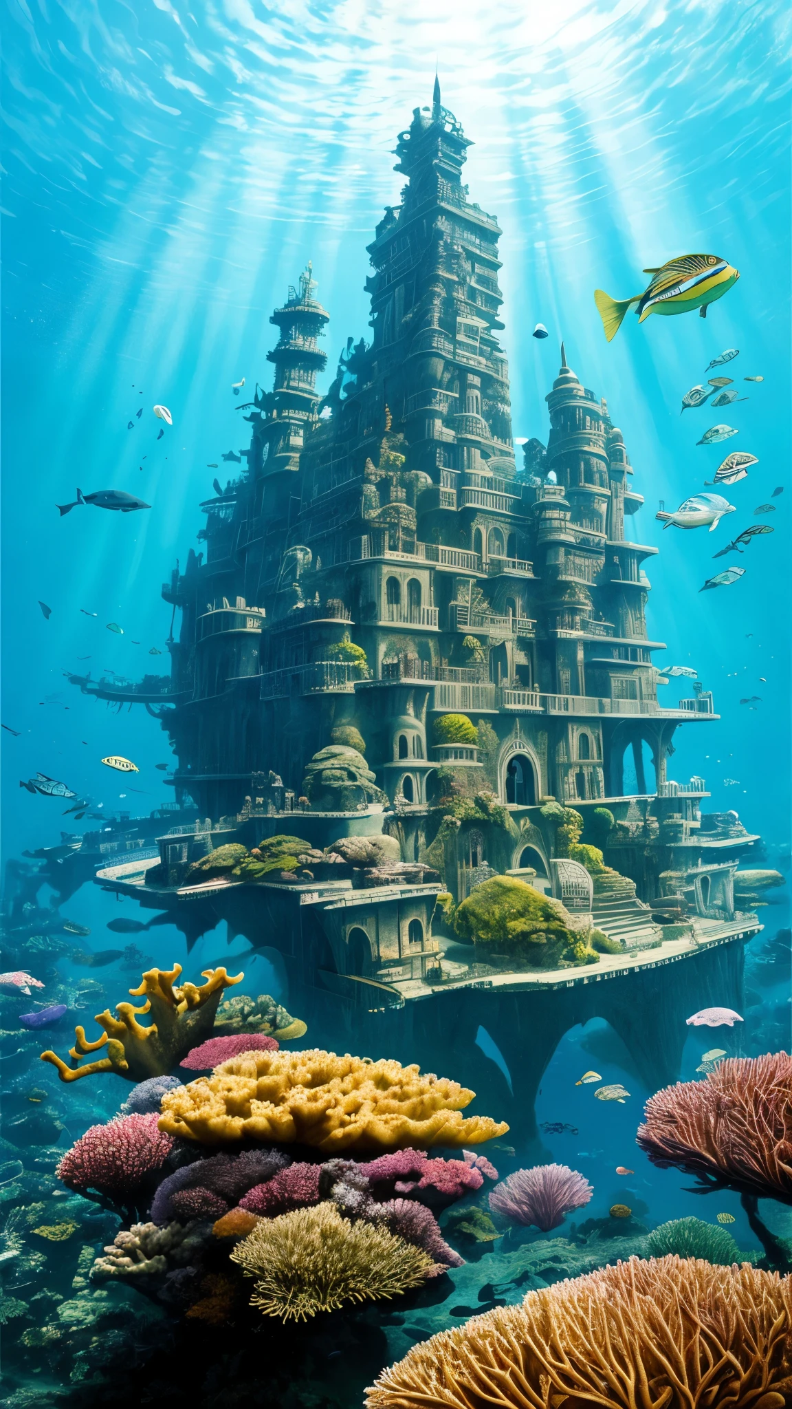 In this awe-inspiring artwork, created by the talented artist, Raphael Lacoste, we are transported into the heart of the devil's sea of Japan, where a group of courageous marine researchers have successfully breached the anomaly and discovered a world beyond their wildest imaginations. The scene is nothing short of mesmerizing as we witness the researchers' expressions of sheer fascination and amazement at the remarkable sights before them.
The painting captures the essence of this newfound underwater realm, showcasing ancient majestic buildings that stand tall and proud, adorned with intricate details and a sense of otherworldly grandeur. The structures seem to blend seamlessly wit? the vibrant marine life that gracefully swims around them, creating a harmonious coexistence between man-made wonders and the wonders of nature