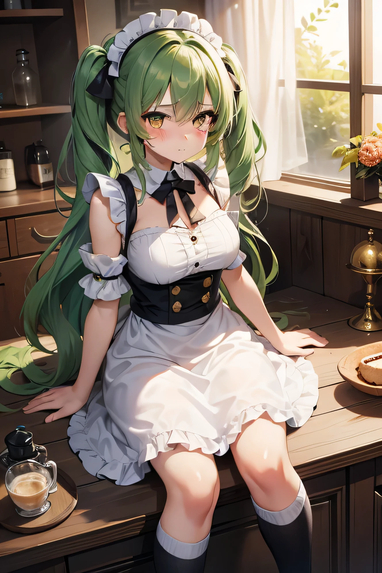 1 girl, maid,fluffy kinky hair, long hair,short tufts of hair,golden eyes,, expensive,glamorous,maid clothes, , ,Cafe,Beautiful woman,big breasts, Ahoge, green hair, maid clothes, Cafe, kitchen,drop down,Clumsy girl,white rhinestone socks,troubled face,feminine,drop down and pat yourself on the head,Teary face,thin eyebrows,fall on one&#39;s back,fluffy, Habitual hair、Falling on the floor、Making an ass mochi