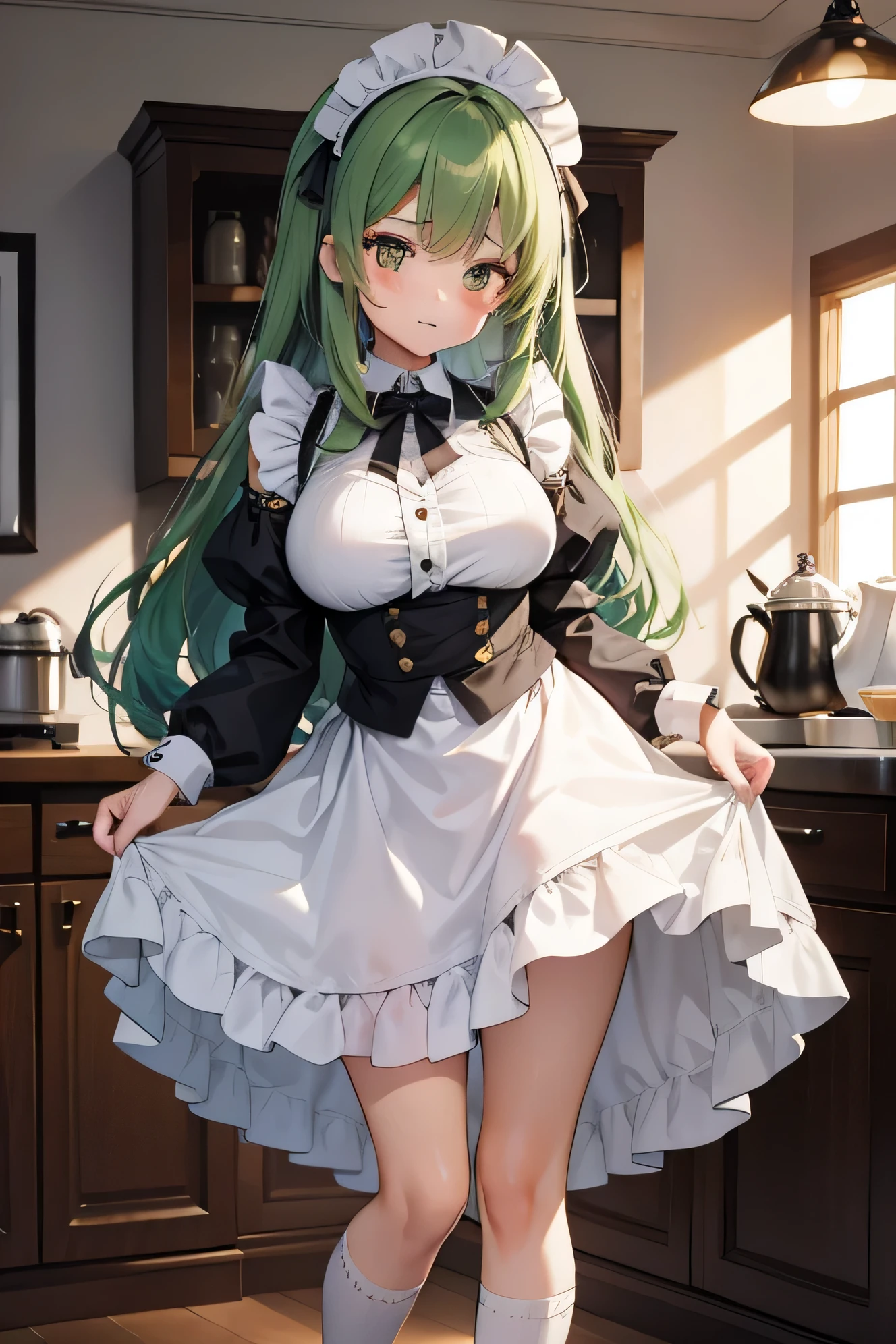 1 girl, maid,fluffy kinky hair, long hair,short tufts of hair,golden eyes,, expensive,glamorous,maid clothes, , ,Cafe,Beautiful woman,big breasts, Ahoge, green hair, maid clothes, Cafe, kitchen,drop down,Clumsy girl,white rhinestone socks,troubled face,feminine,drop down and pat yourself on the head,Teary face,thin eyebrows,fall on one&#39;s back,fluffy, Habitual hair、Falling on the floor、Making an ass mochi