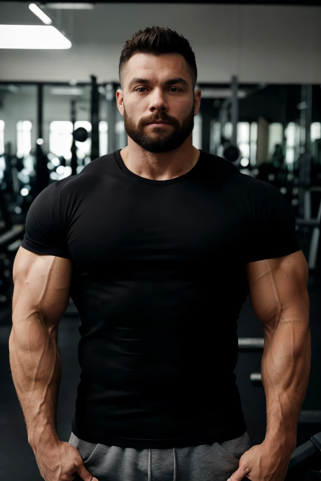 Strong man wearing basic black T-shirt. He's in a bodybuilding gym. Upclose front picture. Facing front. Ambiente meio escuro com algumas luzes ao fundo