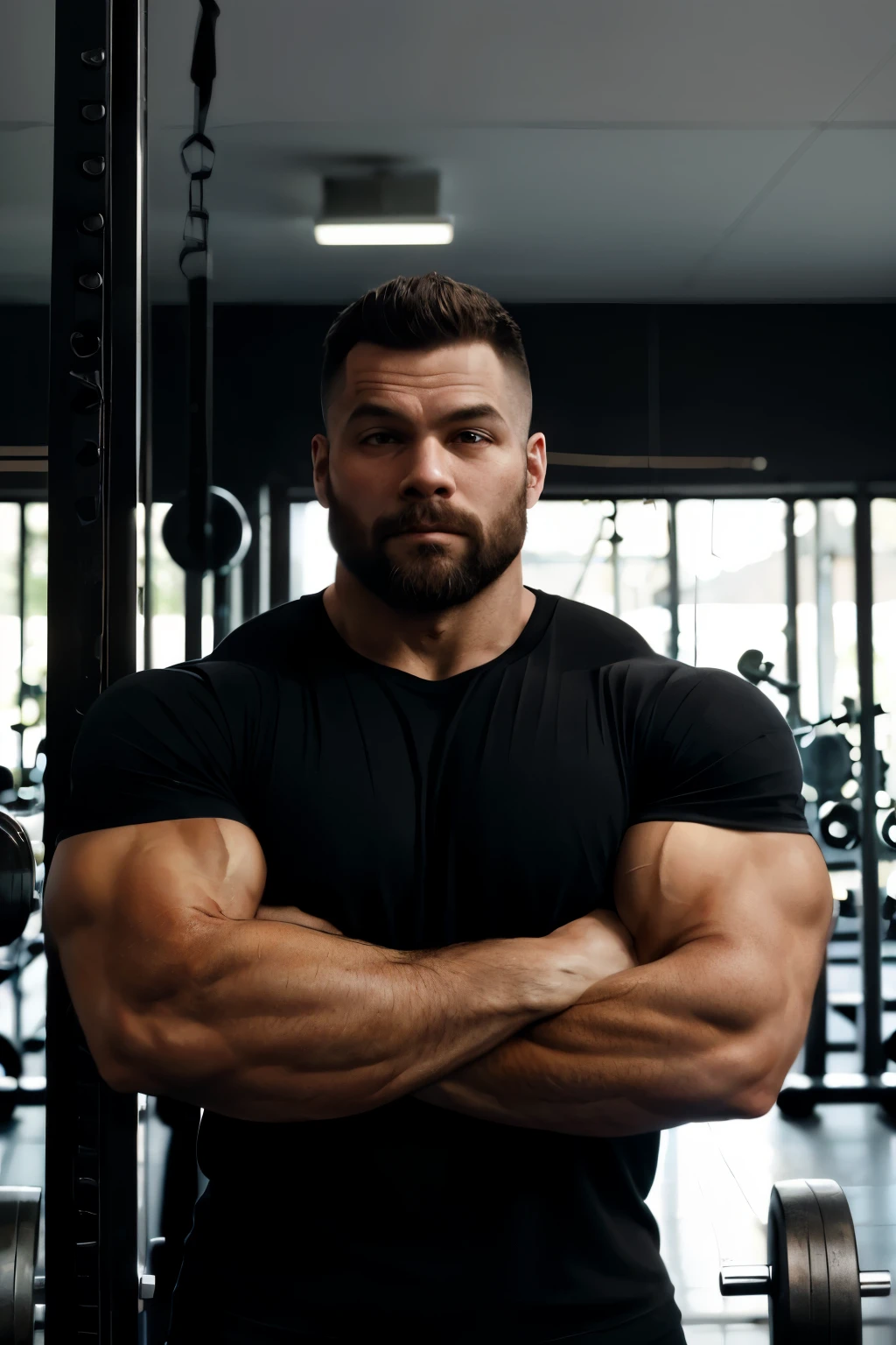 Strong man wearing basic black T-shirt. He's in a bodybuilding gym. Upclose front picture. Facing front. Ambiente meio escuro com algumas luzes ao fundo