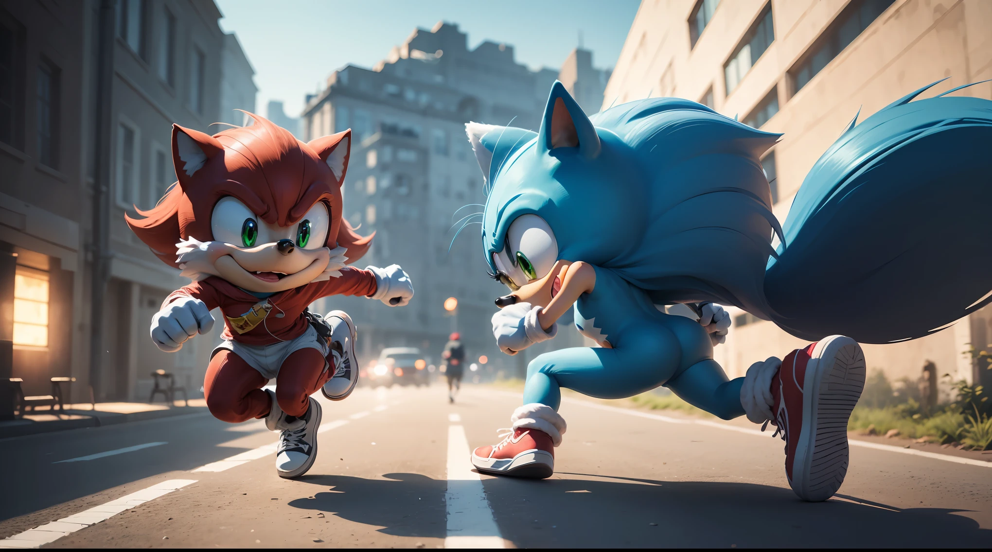(best quality, highly detailed, ultra-realistic), Sonic the Hedgehog, high intensity scene, running at the speed of sound, dynamic camera angle, vibrant colors, blue fur, green eyes, red sneakers, loop-the-loops, ring collection, surreal landscape, sharp shadows, dramatic lighting, special effects. 
