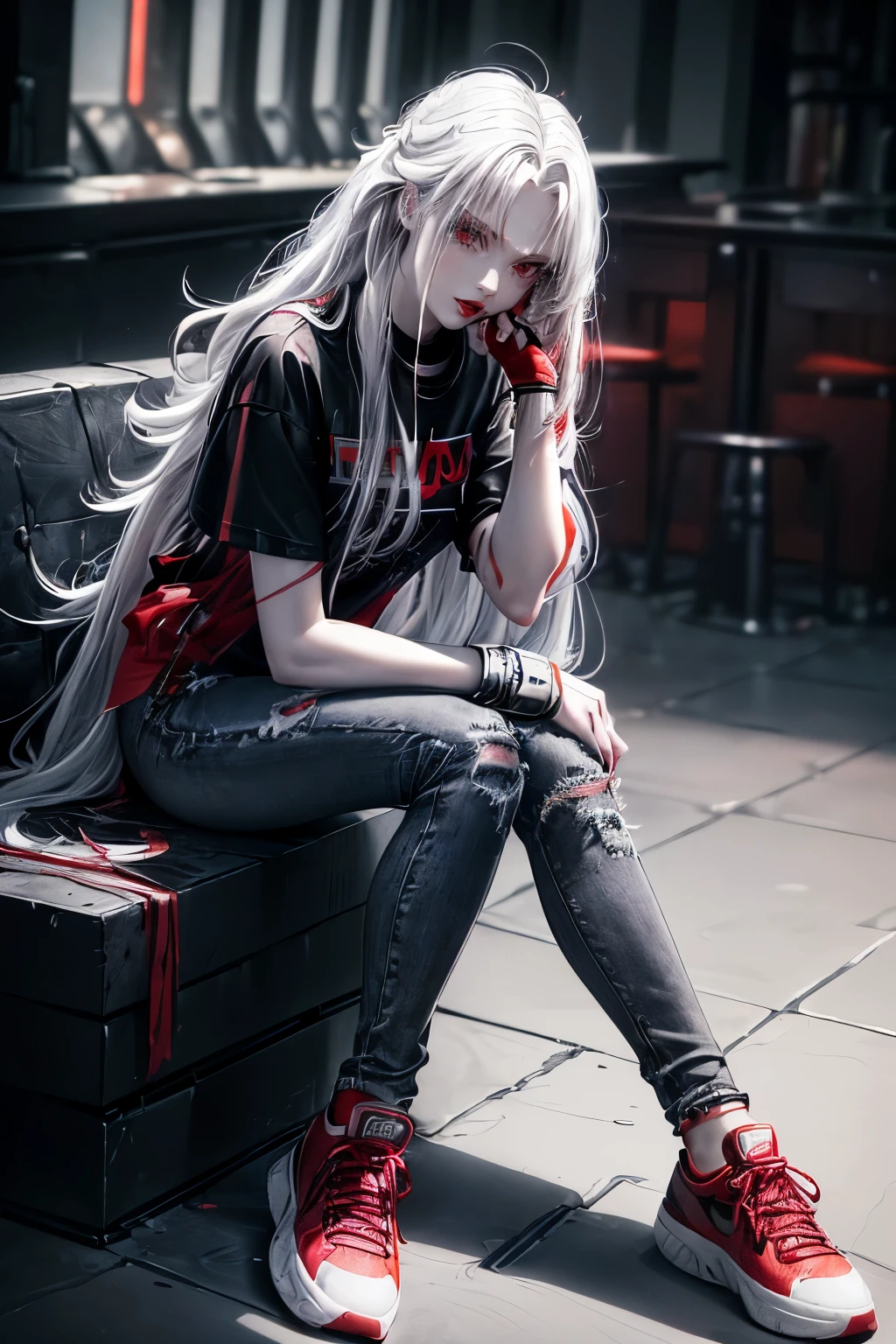 (Masterpiece), (professional oil painting) (best quality), (8k resolution), (1 beautiful girl), ((pale gray skin)), (iron gray skin), ((jeans clothes)),(red jacket)), ((black t-shirt underneath), ((red lipstick)), ((black sneakers)), (comcept art), , (long hair), (messy hair), (white hair), (iron gray hair), ((with futuristic weapon)), (ammunition), ((moonlight of the night)), (sitting thinking))