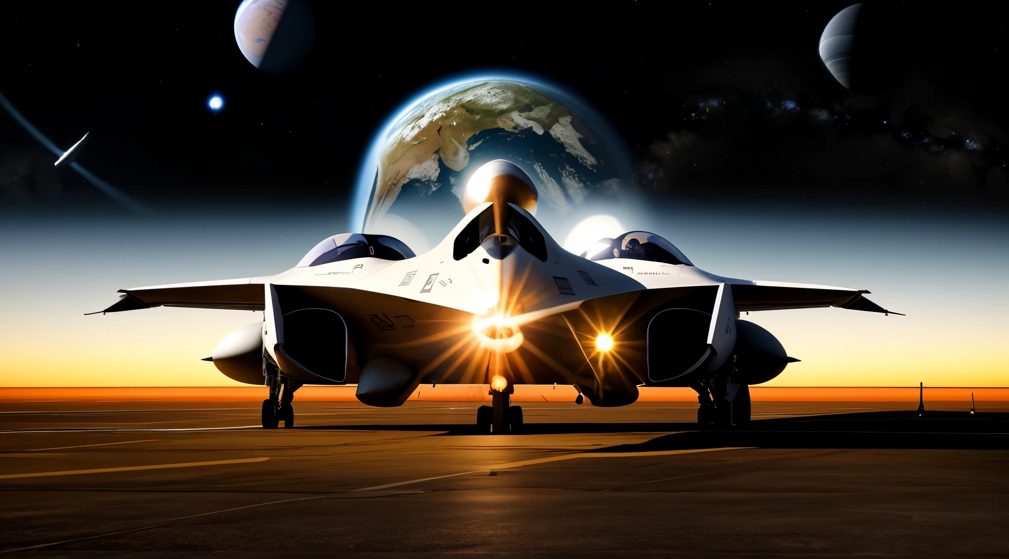 Create a photorealistic image of a sci-fi futuristic fighter jet sitting the flight deck of a Aircraft carrier spaceship. The fighter jet is seen from the back. The whole scene is taking place in space. You can see several planets, stars and a ringed world in the background . YOU can see galaxy and milky way in the background . The fighter jet is faced away from the screen and we see the back of it . We can see the jet engines lit of from the back.