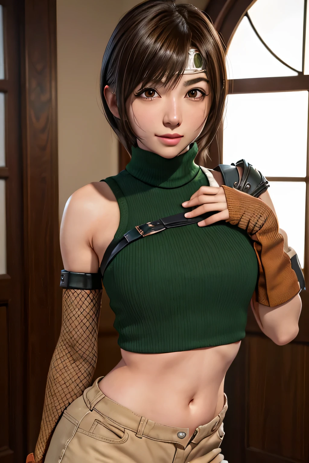 8K,highest quality,real image,intricate details,ultra high resolution,depth field,Masseter muscle part,natural soft light,professional lighting,1 girl,(cute:1.2),very beautiful 17 year old cartoon girl, Photorealistic anime girl rendering, Realistic anime 3D style,fine eyes,((brown eyes)),(brown hair),short hair,(bangs),Yuffie,Yuffieキサラギ,head band,belly button, sleeveless, Green Turtleneck, sleevelessタートルネック, medium breasts, look at the audience, laughter, gloves, crop top, brown hair, shorts, abdomen, armor, sweater, Fingerless gloves, リブsweater