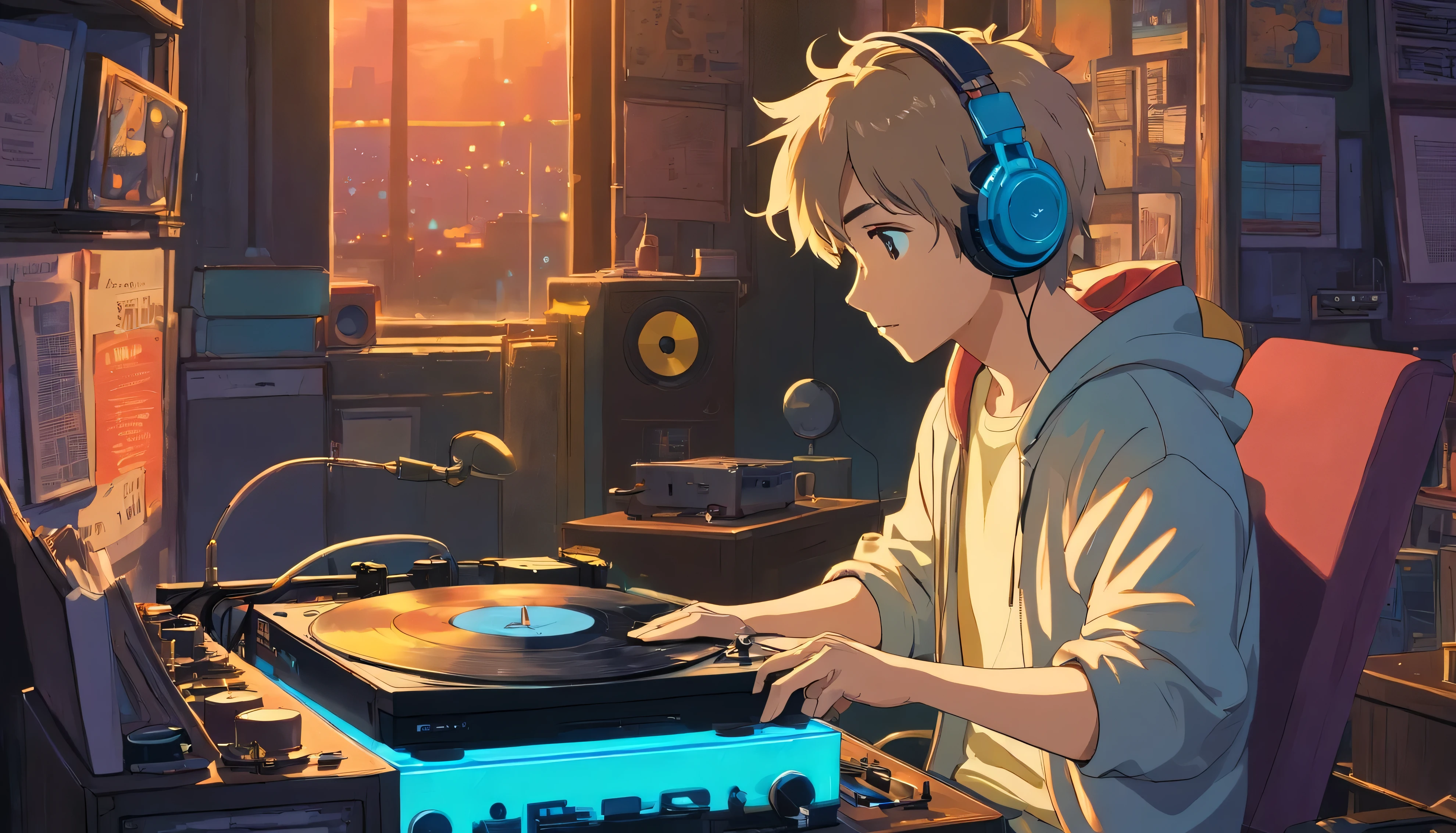 Photo of a man wearing headphones and operating a record player, Super detailed, Vintage Wave, cyber punk, Sad atmosphere, Bright light from the window, nightのシーン, 1 bedroom, 2D, wide shot, (noise from film), Old cartoons, (Many records: 1.3), vinyl record store, (masterpiece, very high quality, very high quality, official art, beautiful and aesthetic: 1.2), (very detailed, (fractal art: 1.4 ), (notebook: 1.4), (Lo-Fi Hip Hop), Side view, Old anime textures, alone, speakers, cyber punk, vinyl, night