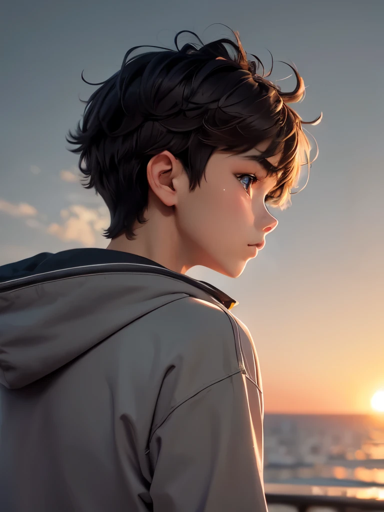 a closeup anime character dusky skin boy with dark brown hair in light gray hoodie, looking away at the sunset, camera from below.