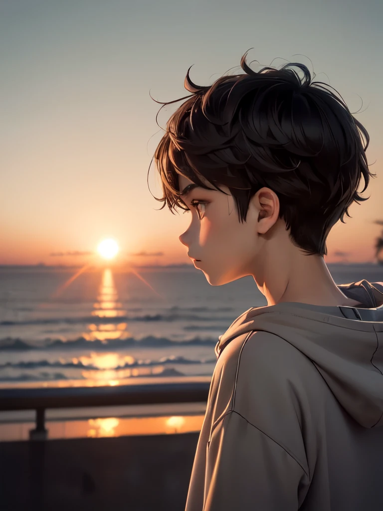 a closeup anime character dusky skin boy with dark brown hair in light gray hoodie, looking away at the sunset, camera from below.