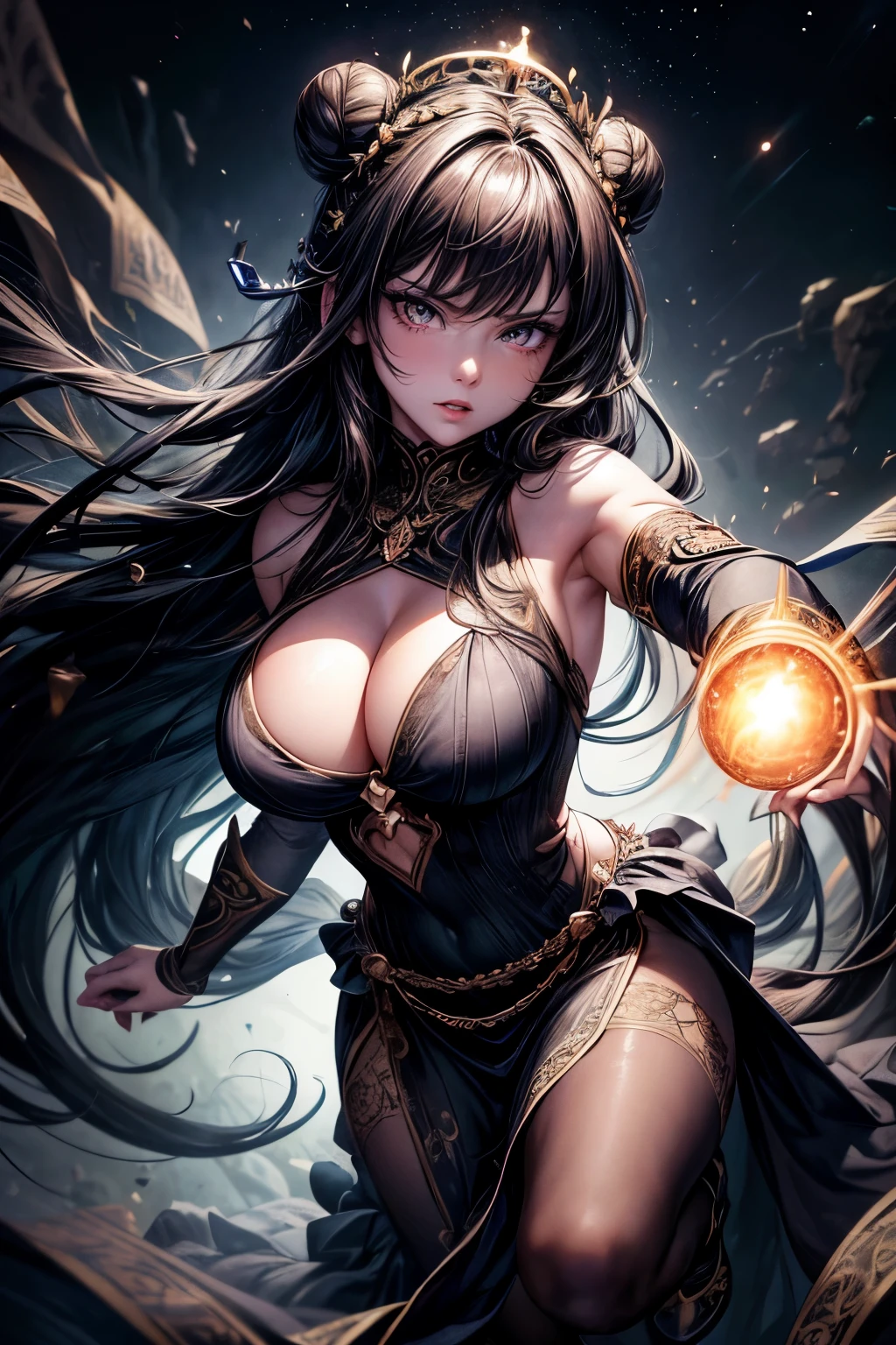ultra-detailed,realistic:1.37,portrait,woman with a detailed face,big breasts,dark hair,dressed in a dress,full body,detailed eyes,long eyelashes,dark colors,dark hair twisted in a bun,fierce expression,fighting in space,the woman is wearing a crown on her head,vibrant colors depicting the cosmic background