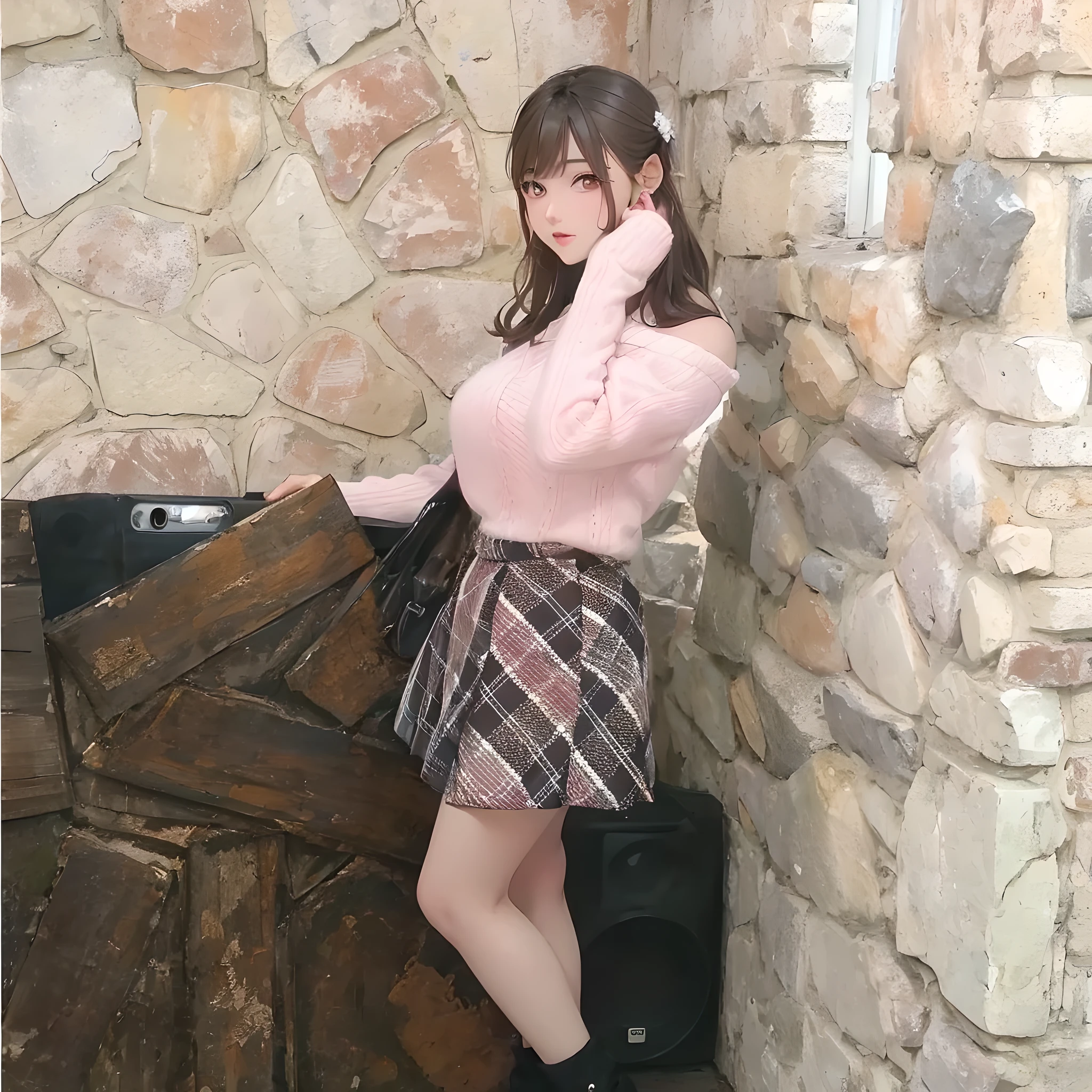 there is a woman standing next to a stone wall talking on a cell phone, detailed plaid miniskirt, ulzzang, sakimichan, plaid skirt, korean girl, trending at cgstation, full body! pretty face, cute , taken with canon eos 5 d, sakimichan hdri, fullbody photo, full body picture