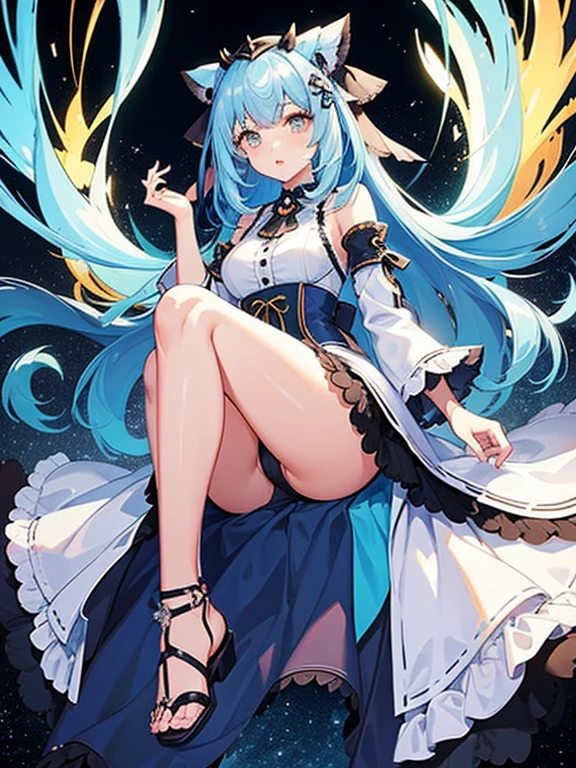 ((highest quality)), ((masterpiece)), (be familiar with), perfect face, one girl、15 years old、big breasts、small face、long hair、silky hair、Braid in one place、Pastel blue colored hair、Clothes with protruding shoulders、white colored clothes、Sheer clothes、Clothes without sleeves、ギンガムチェックのmini skirt、mini skirt、Full body figure、つま先から頭のてっぺんまでのFull body figure、足先から頭までのFull body figure、crawl on all fours、No underwear、Zori sandals、