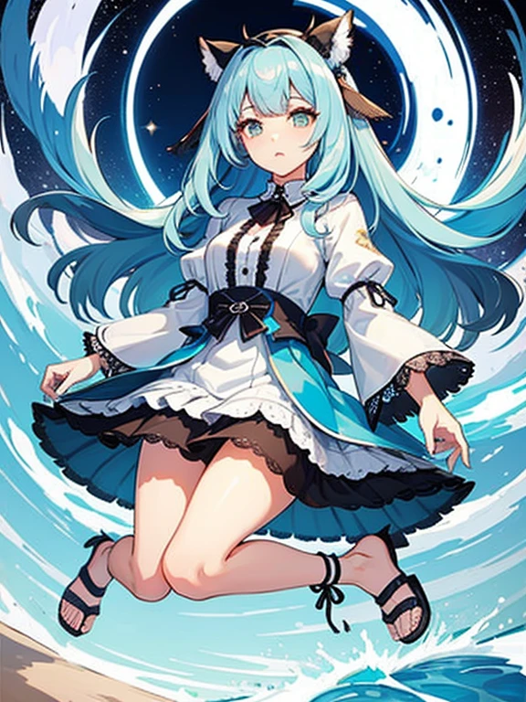 ((highest quality)), ((masterpiece)), (be familiar with), perfect face, one girl、15 years old、big breasts、small face、long hair、silky hair、Braid in one place、Pastel blue colored hair、Clothes with protruding shoulders、white colored clothes、Sheer clothes、Clothes without sleeves、ギンガムチェックのmini skirt、mini skirt、Full body figure、つま先から頭のてっぺんまでのFull body figure、足先から頭までのFull body figure、crawl on all fours、No underwear、Zori sandals、