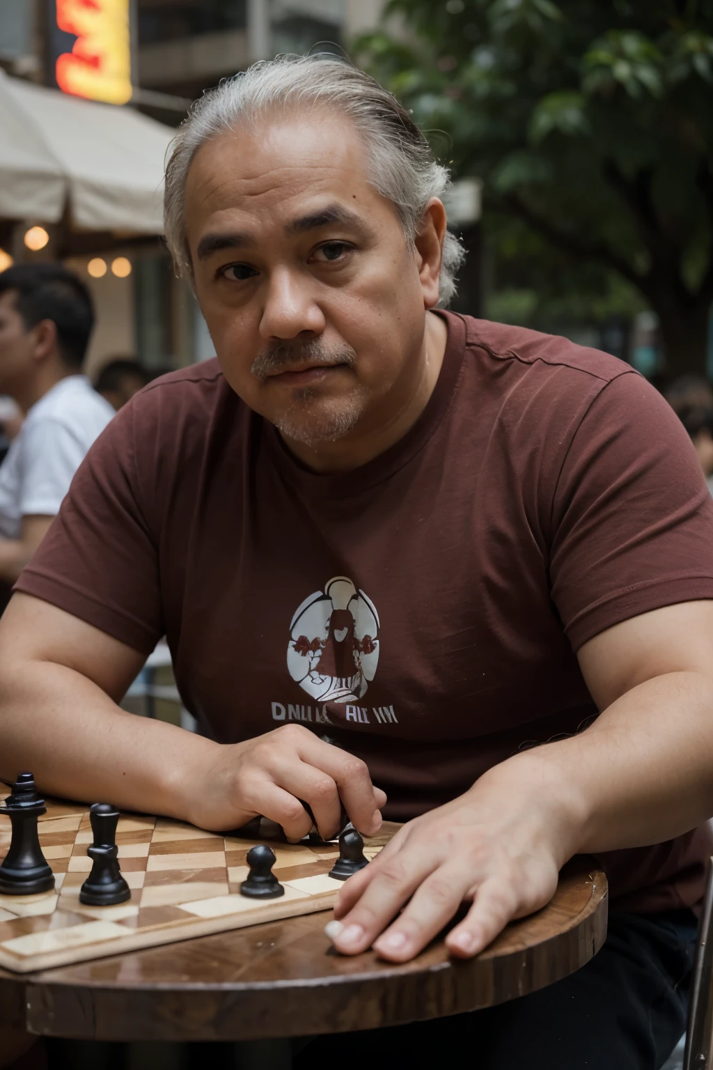 generate realistic image, of Indonesian rather fat man 40old short hair, wearing red t-shirt playing chess with albert einstein in the outdoor coffeeshop, cloud evening, (masterpiece), best quality, expressive eyes, perfect face, cinematic, ultra HD, sharp focus, hyper realistic, very detail, serene