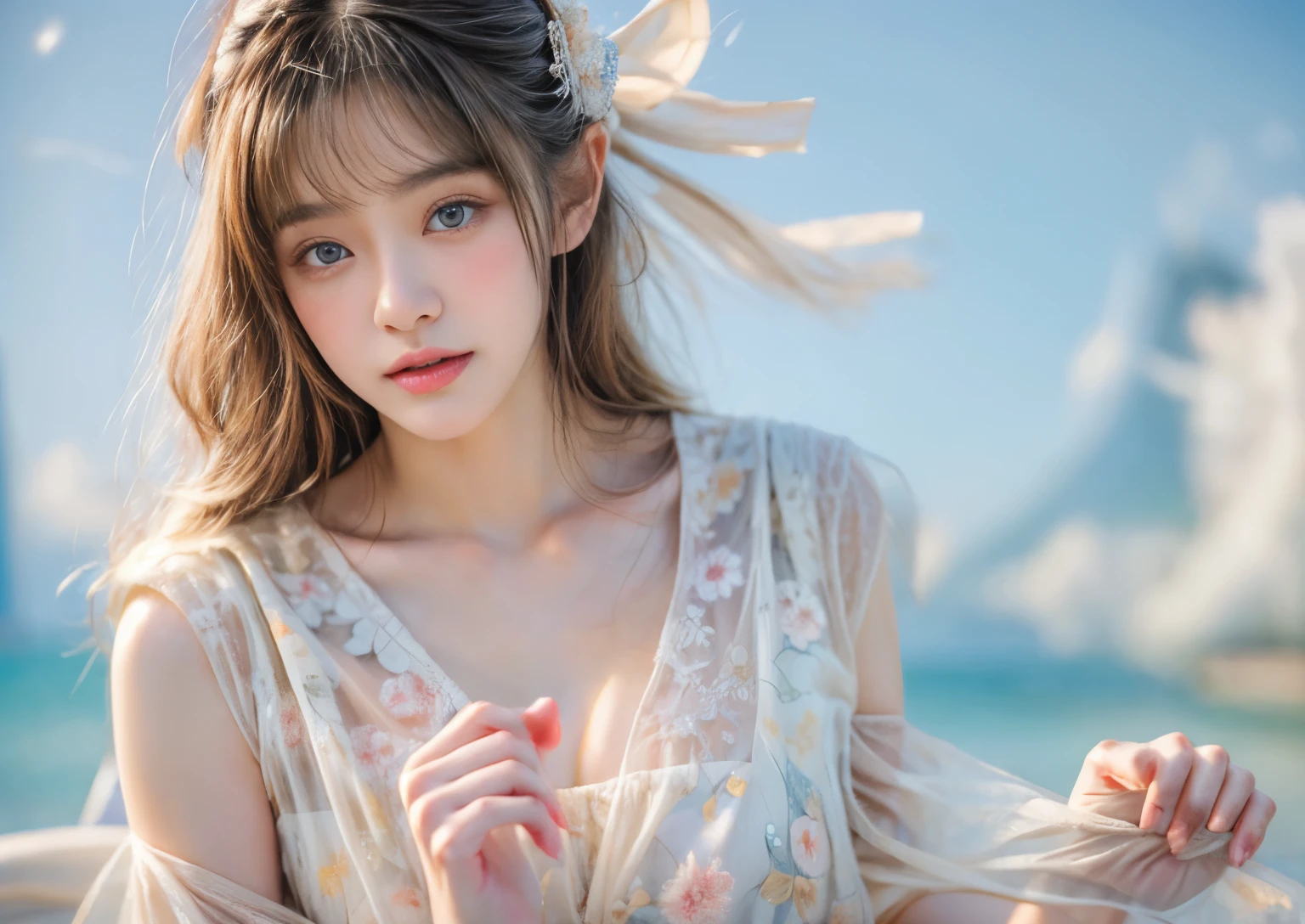masterpiece、highest quality、cinema、(Detailed both eyes)、(cute japanese woman、bangs:1.3)、23 years old、1 girl、elegant、black hair、(auraroid photo:1.2)、The wind is blowing