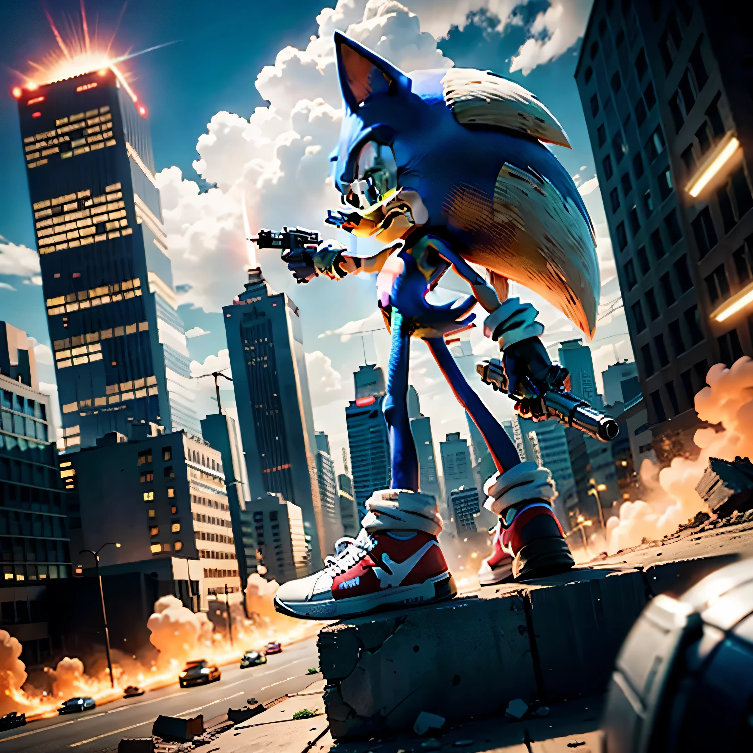 Sonic, holding gun, 4K, vivid, gun pointed at camera, Hedgehog, blue, city street background, standing on rubble, masterpiece quality, cartoon like