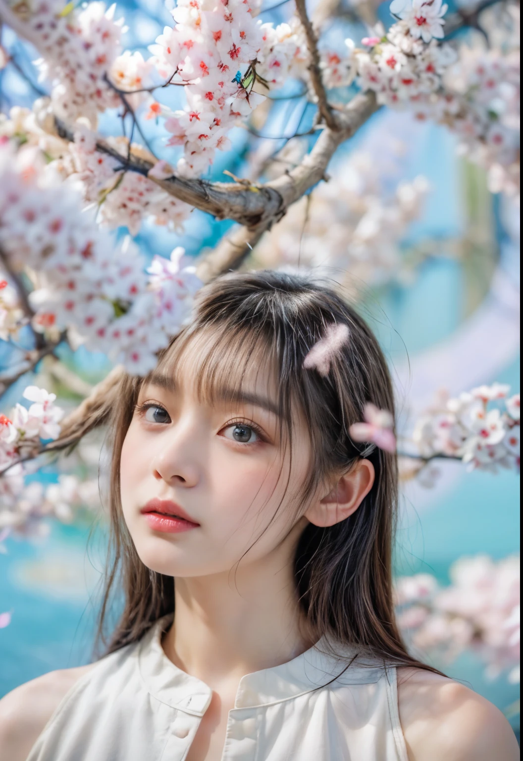 masterpiece、highest quality、cinema、(Detailed both eyes)、(cute japanese woman、bangs:1.3)、23 years old、1 girl、elegant、black hair、(auraroid photo:1.2)、cherry blossoms