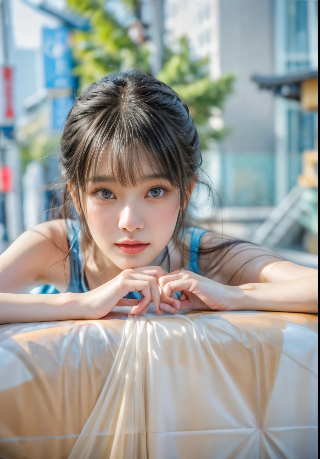 masterpiece、highest quality、cinema、(Detailed both eyes)、(cute japanese woman、bangs:1.3)、23 years old、1 girl、elegant、black hair、(auraroid photo:1.2)、bus